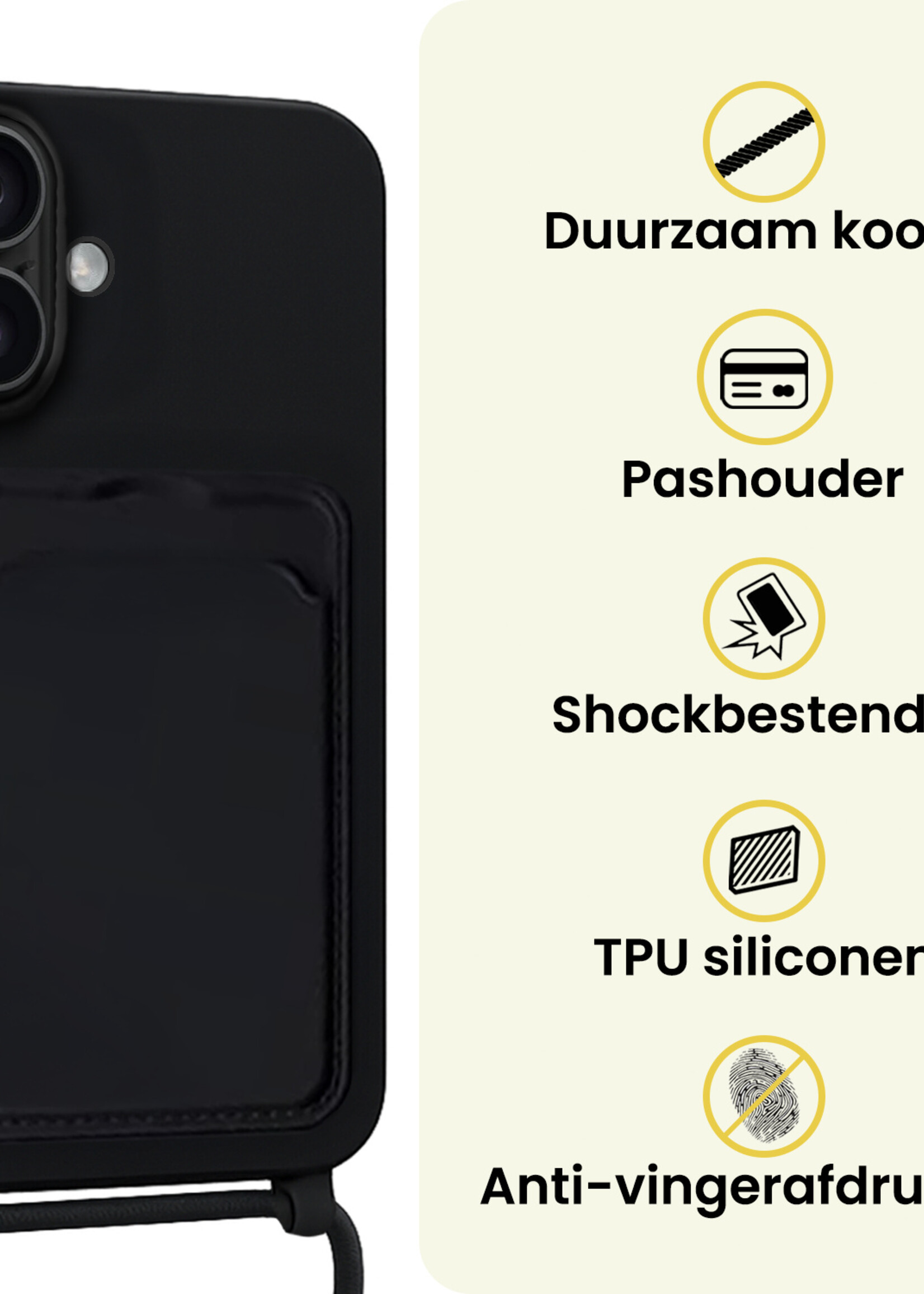 LUQ LUQ iPhone 16 Hoesje Pashouder met Koord - Zwart - 2 PACK