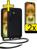 LUQ LUQ iPhone 16 Hoesje Pashouder met Koord Met 2x Screenprotector - Zwart