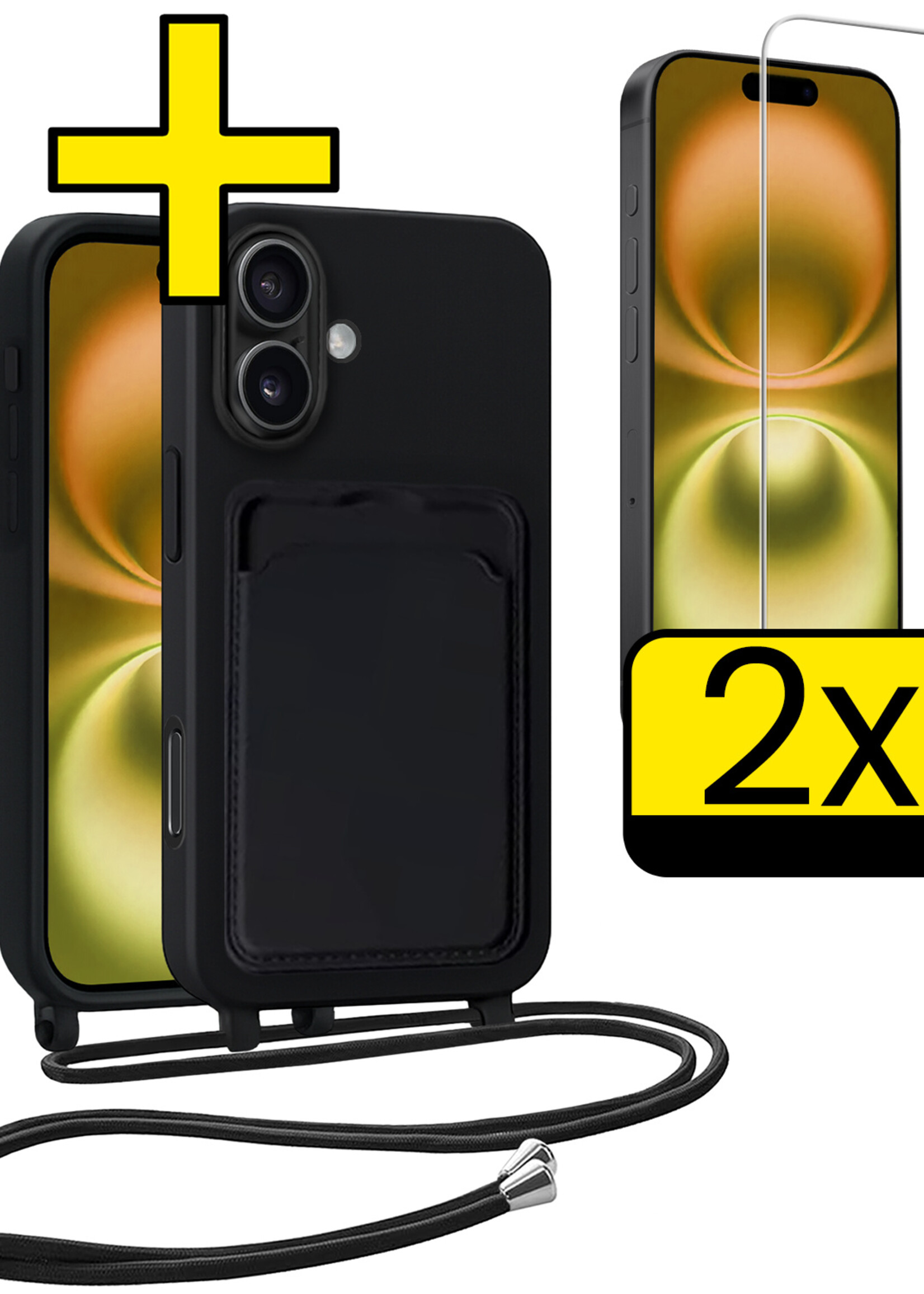 LUQ LUQ iPhone 16 Hoesje Pashouder met Koord Met 2x Screenprotector - Zwart