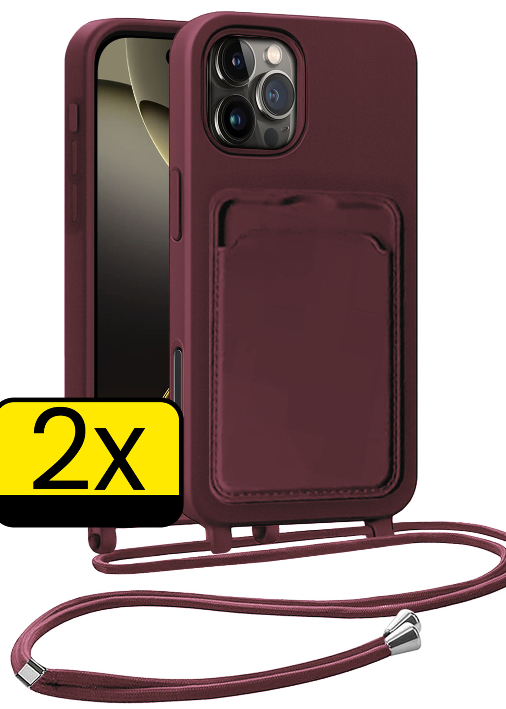 LUQ LUQ iPhone 16 Pro Hoesje Pashouder met Koord - Aubergine - 2 PACK