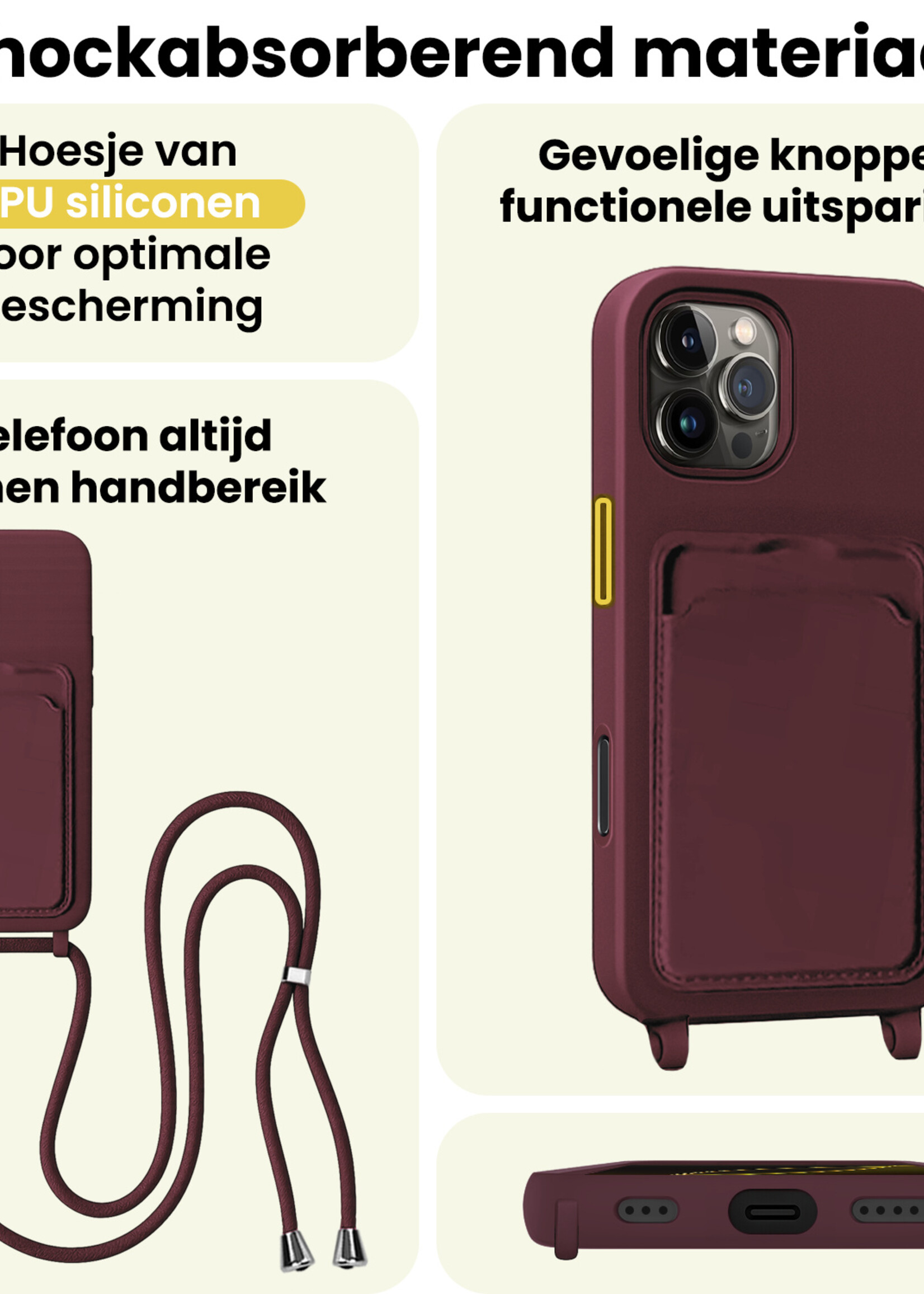 LUQ LUQ iPhone 16 Pro Hoesje Pashouder met Koord - Aubergine - 2 PACK