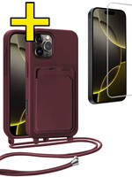 LUQ LUQ iPhone 16 Pro Hoesje Pashouder met Koord Met Screenprotector - Aubergine
