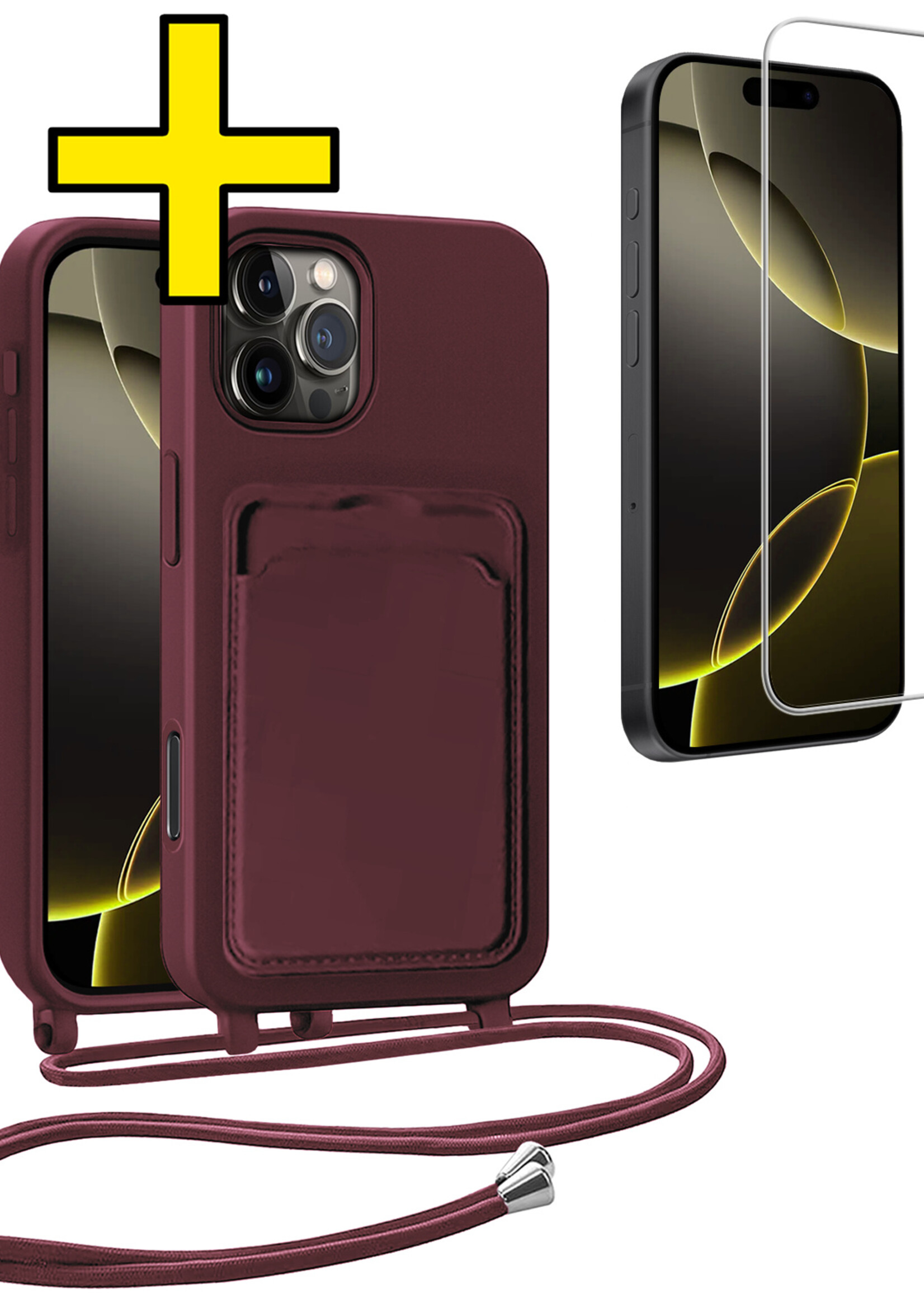 LUQ LUQ iPhone 16 Pro Hoesje Pashouder met Koord Met Screenprotector - Aubergine