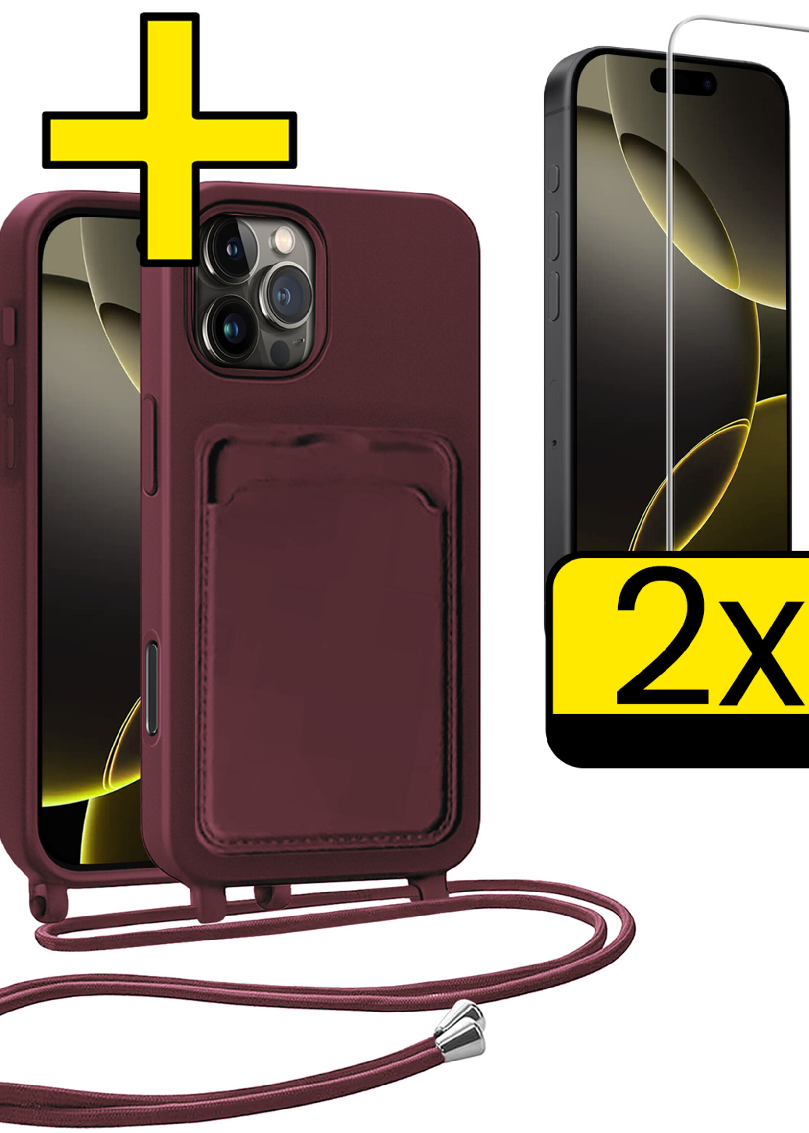 LUQ LUQ iPhone 16 Pro Hoesje Pashouder met Koord Met 2x Screenprotector - Aubergine