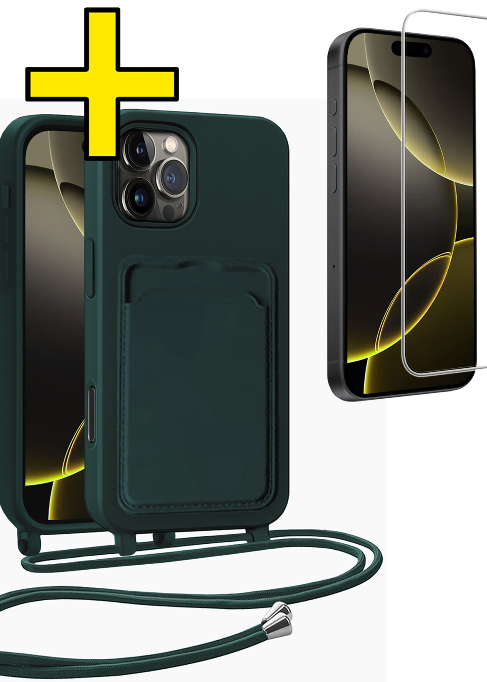 LUQ LUQ iPhone 16 Pro Hoesje Pashouder met Koord Met Screenprotector - Donkergroen