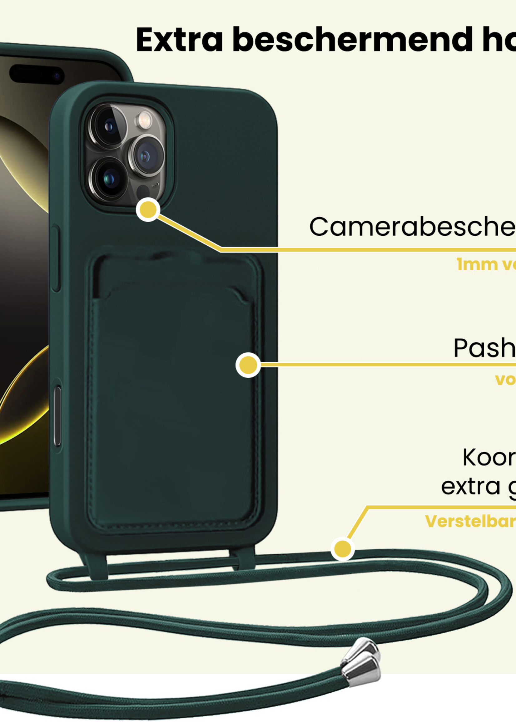 LUQ LUQ iPhone 16 Pro Hoesje Pashouder met Koord Met Screenprotector - Donkergroen