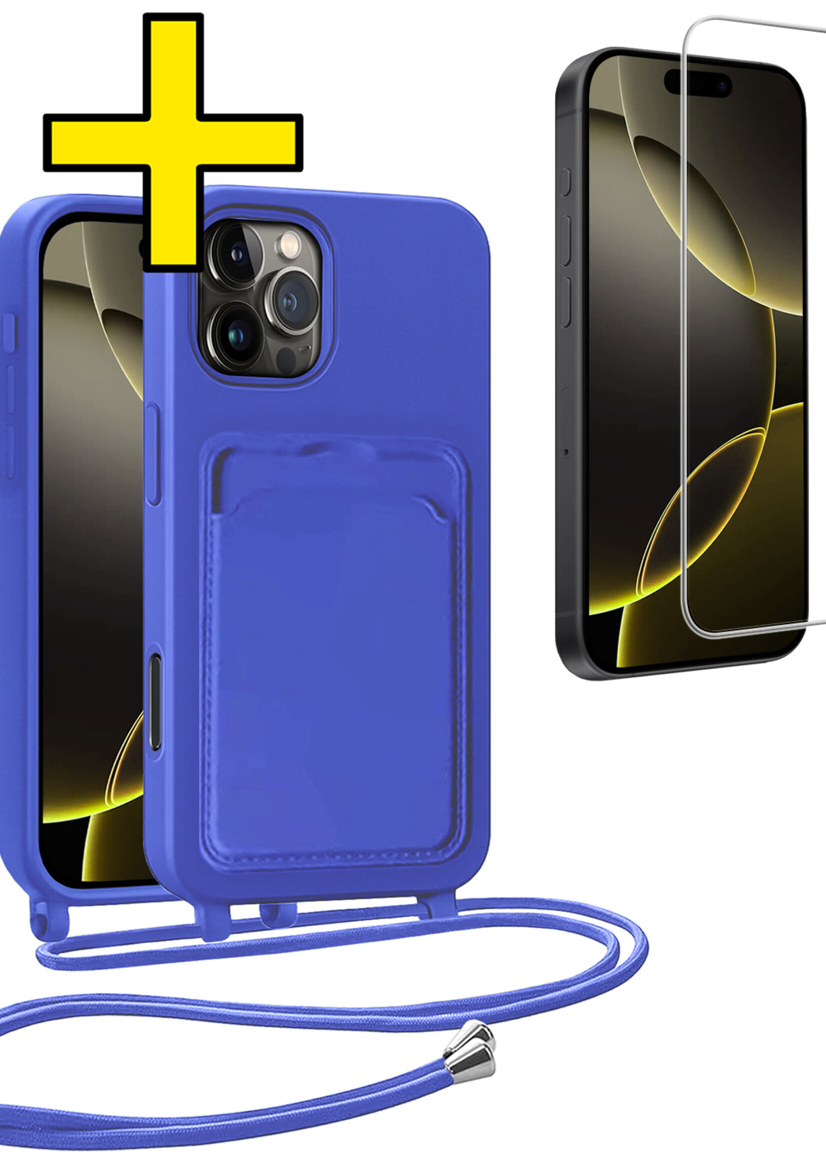 LUQ LUQ iPhone 16 Pro Hoesje Pashouder met Koord Met Screenprotector - Fel Blauw