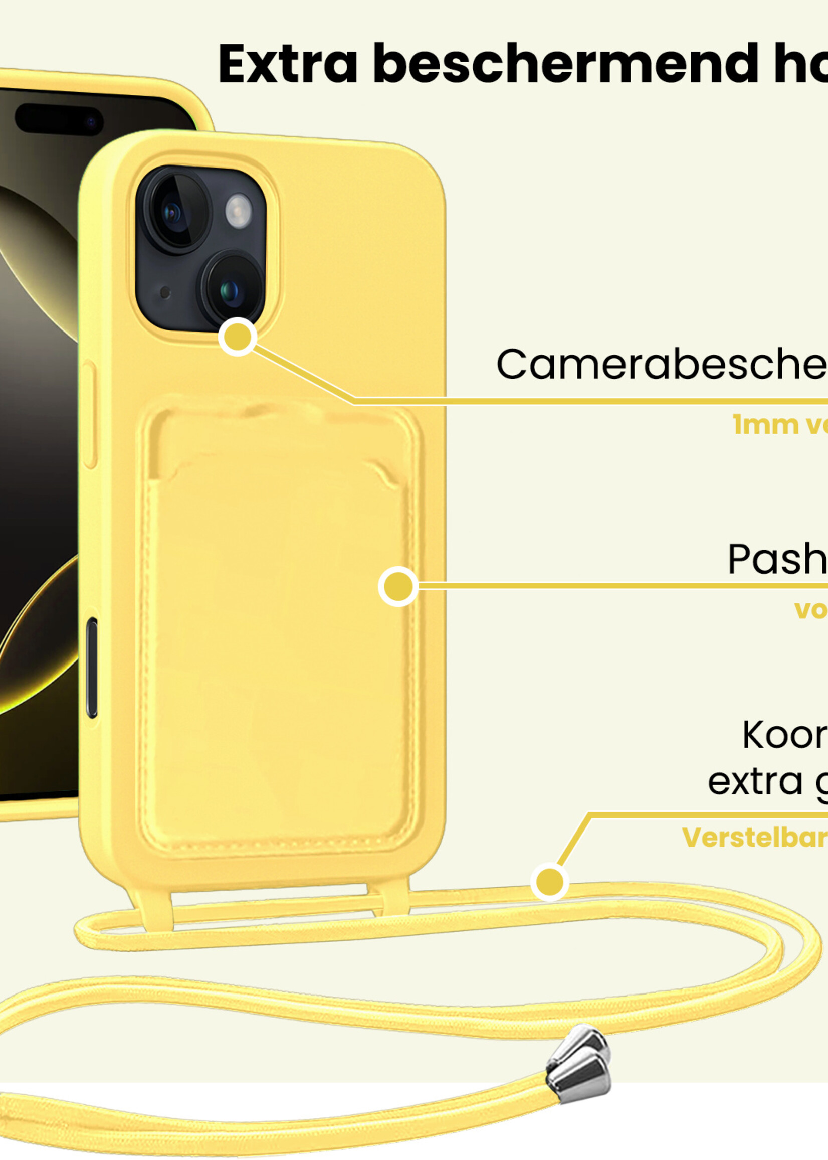 LUQ LUQ iPhone 16 Pro Hoesje Pashouder met Koord - Geel - 2 PACK