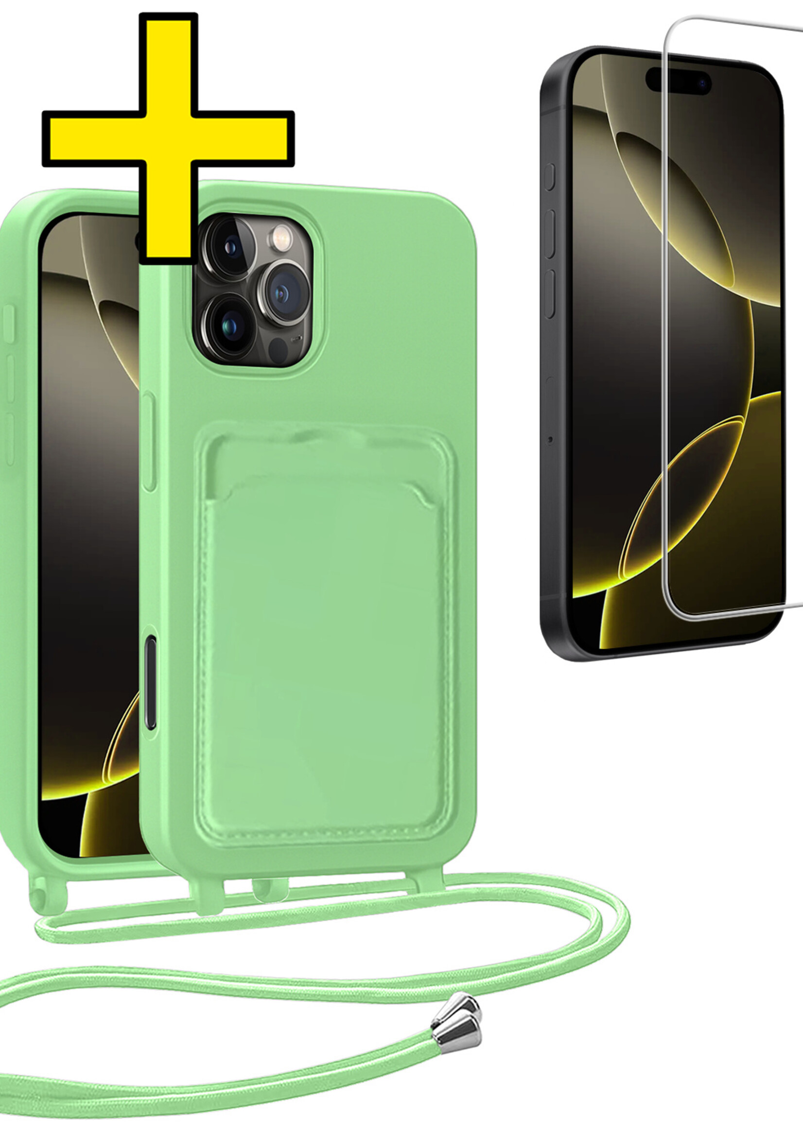 LUQ LUQ iPhone 16 Pro Hoesje Pashouder met Koord Met Screenprotector - Groen