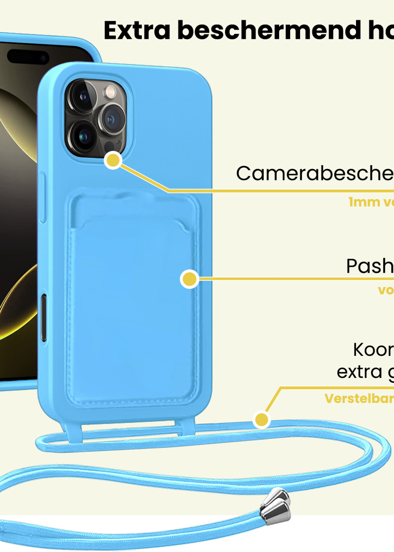 LUQ LUQ iPhone 16 Pro Hoesje Pashouder met Koord - Lichtblauw