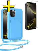 LUQ LUQ iPhone 16 Pro Hoesje Pashouder met Koord Met Screenprotector - Lichtblauw