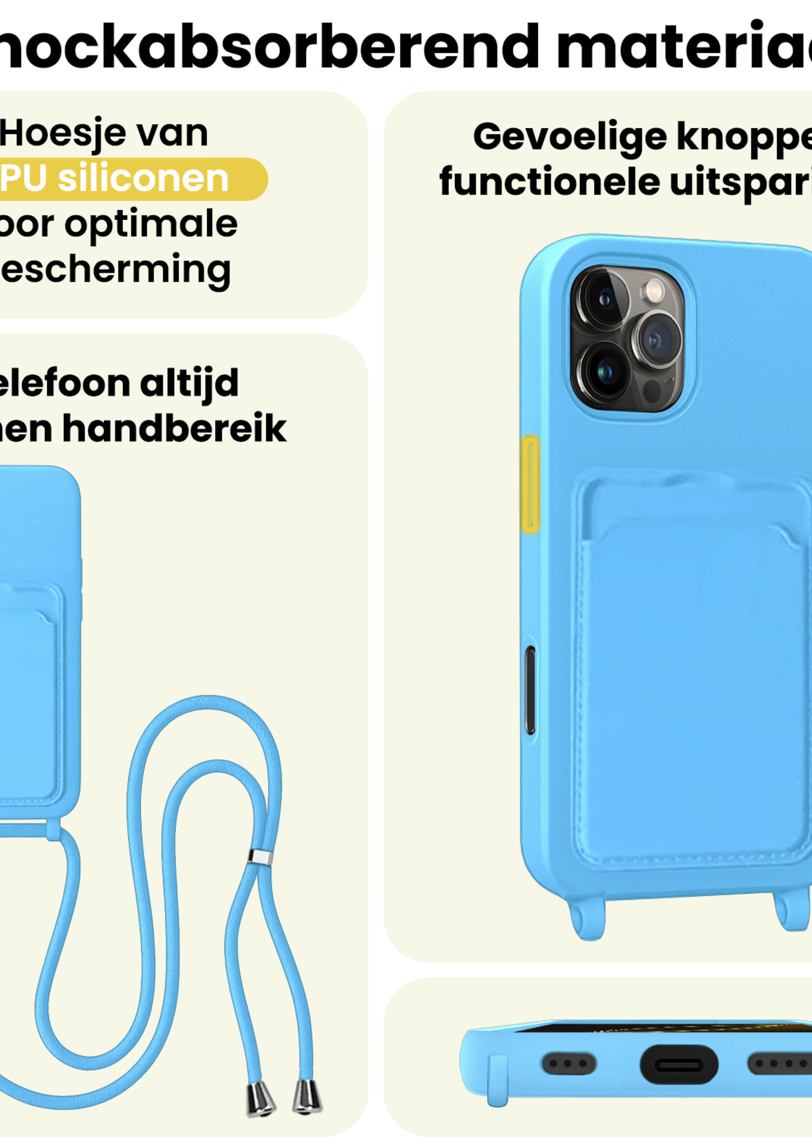 LUQ LUQ iPhone 16 Pro Hoesje Pashouder met Koord Met Screenprotector - Lichtblauw