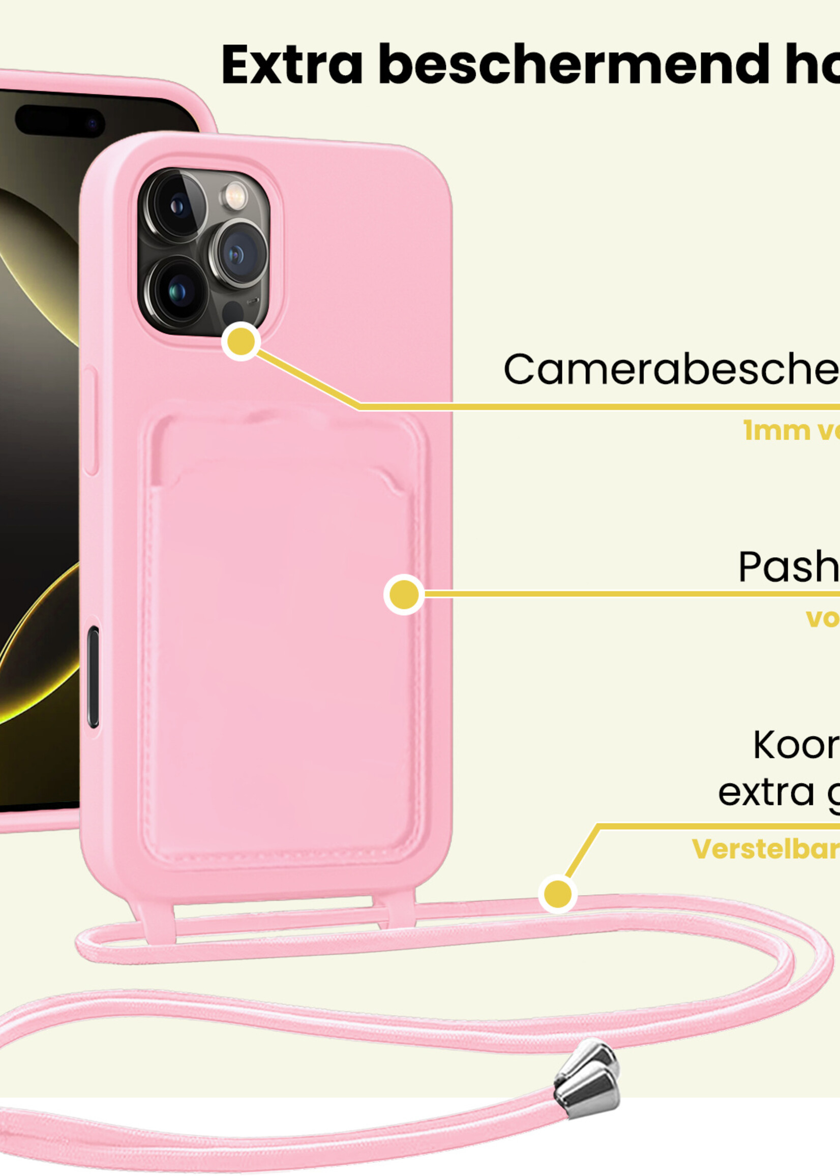 LUQ LUQ iPhone 16 Pro Hoesje Pashouder met Koord - Lichtroze