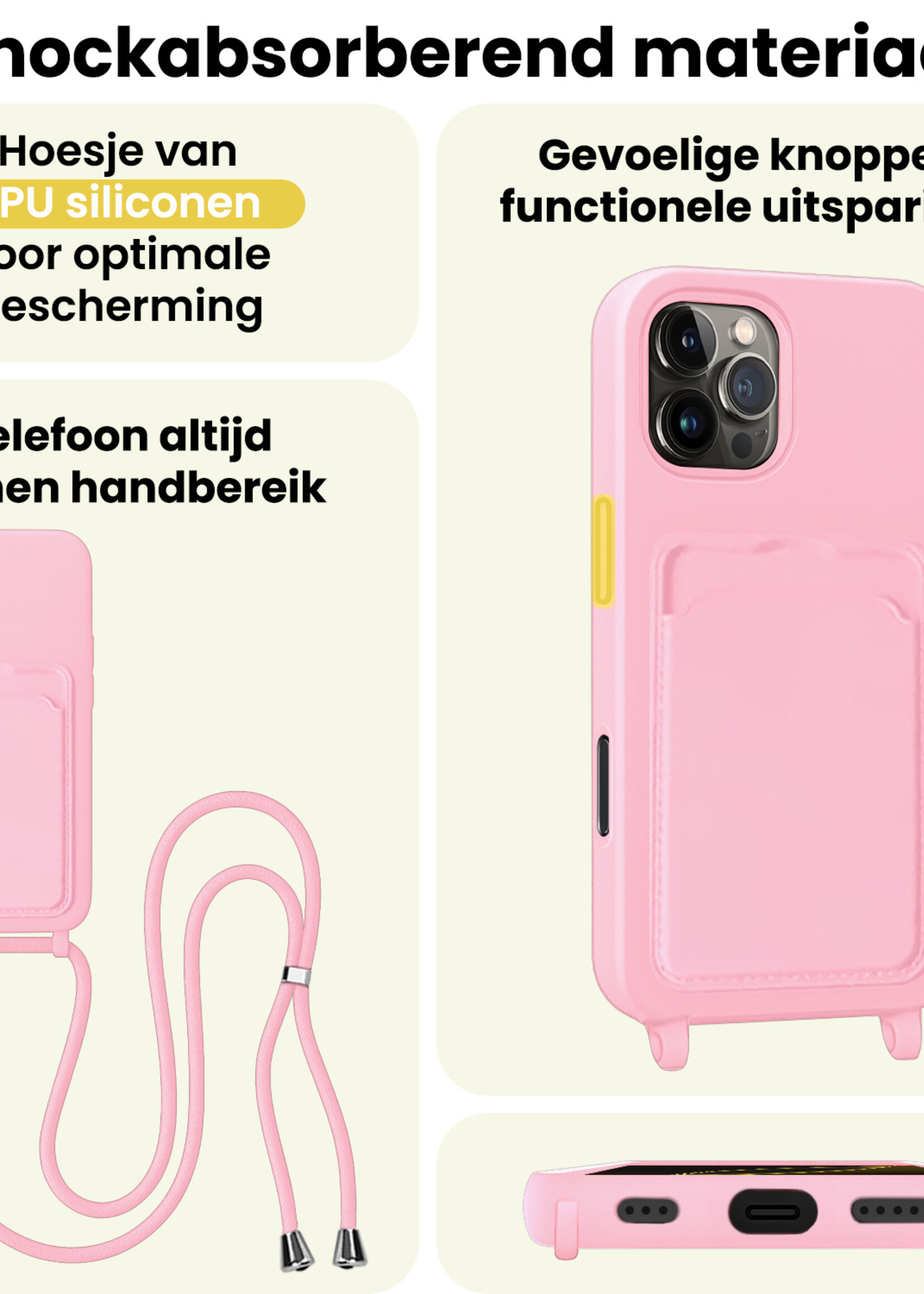 LUQ LUQ iPhone 16 Pro Hoesje Pashouder met Koord - Lichtroze - 2 PACK