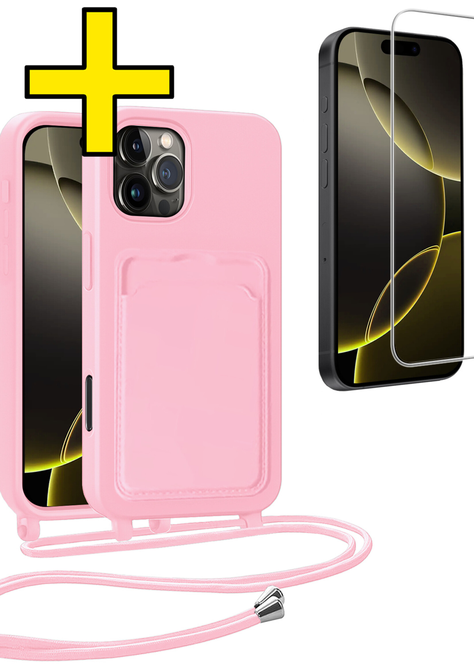 LUQ LUQ iPhone 16 Pro Hoesje Pashouder met Koord Met Screenprotector - Lichtroze