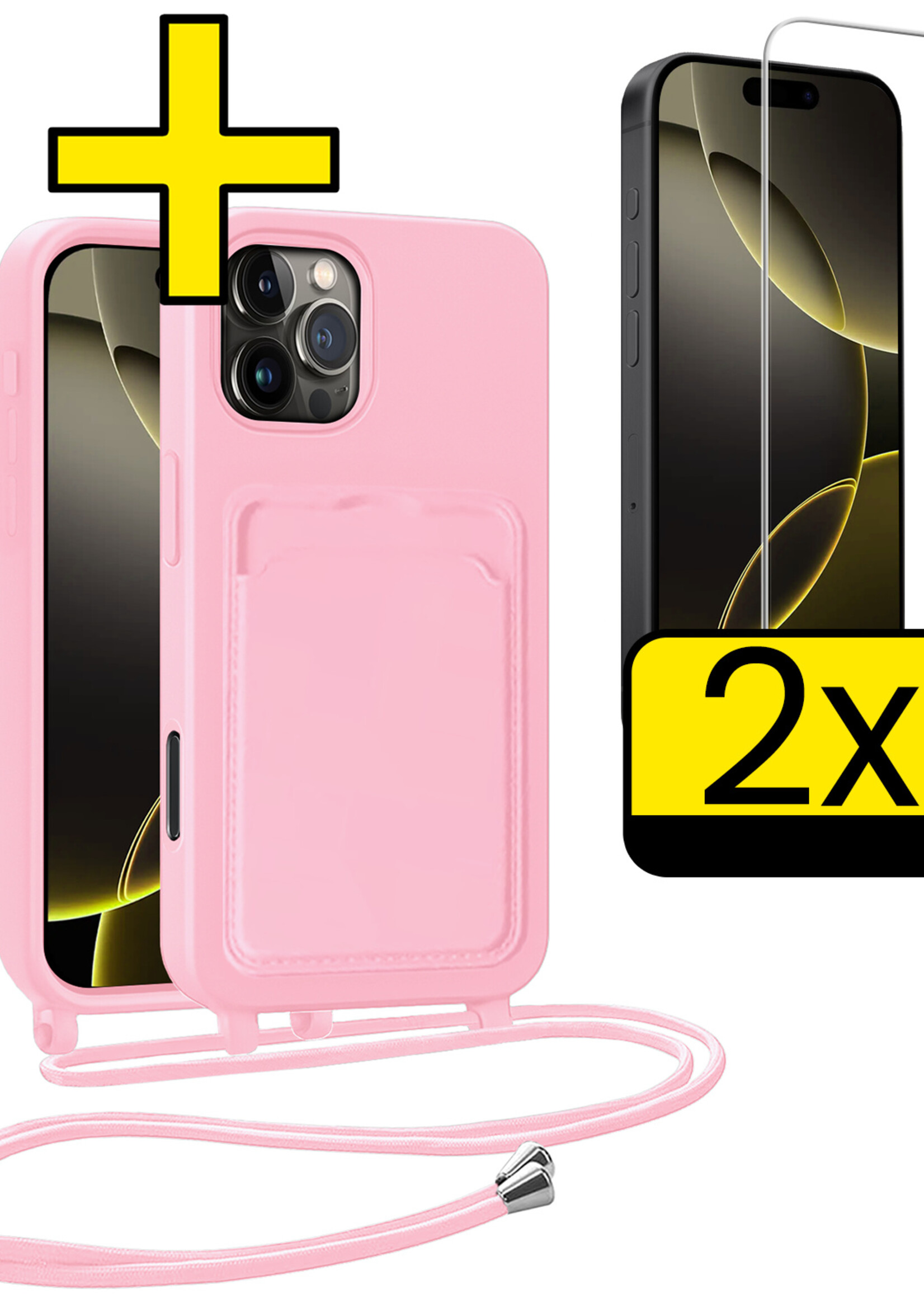 LUQ LUQ iPhone 16 Pro Hoesje Pashouder met Koord Met 2x Screenprotector - Lichtroze