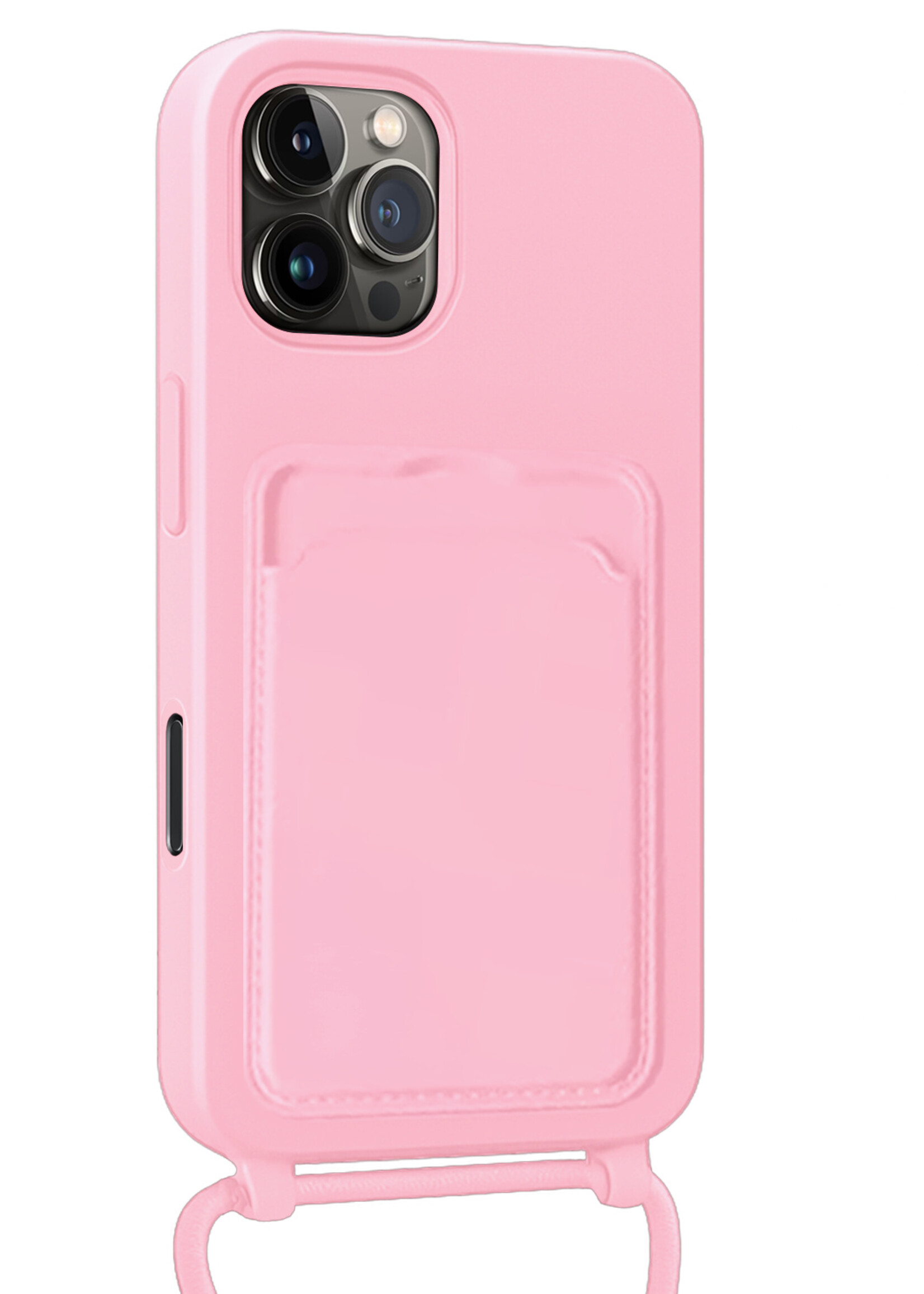 LUQ LUQ iPhone 16 Pro Hoesje Pashouder met Koord Met 2x Screenprotector - Lichtroze