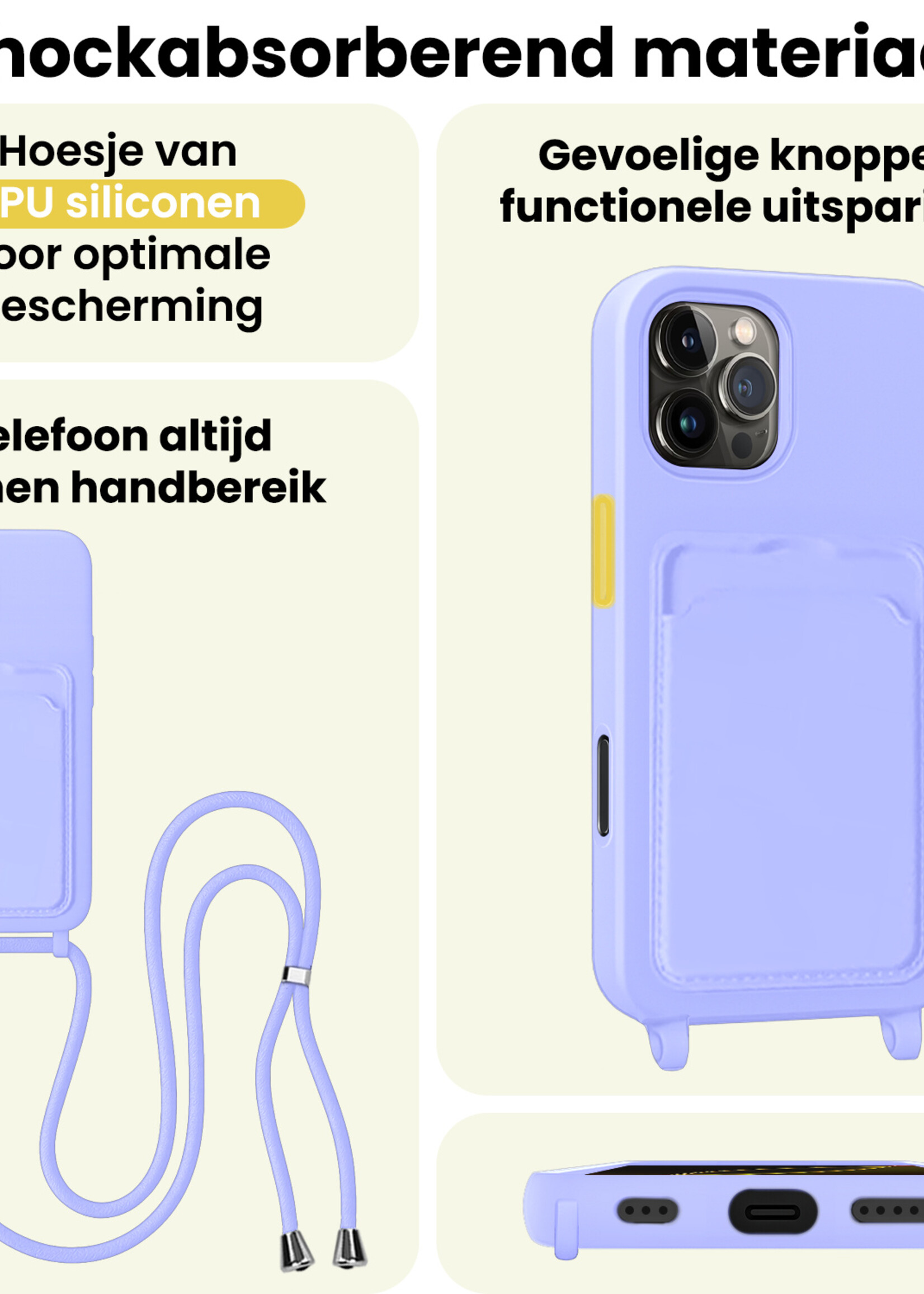 LUQ LUQ iPhone 16 Pro Hoesje Pashouder met Koord - Lila - 2 PACK