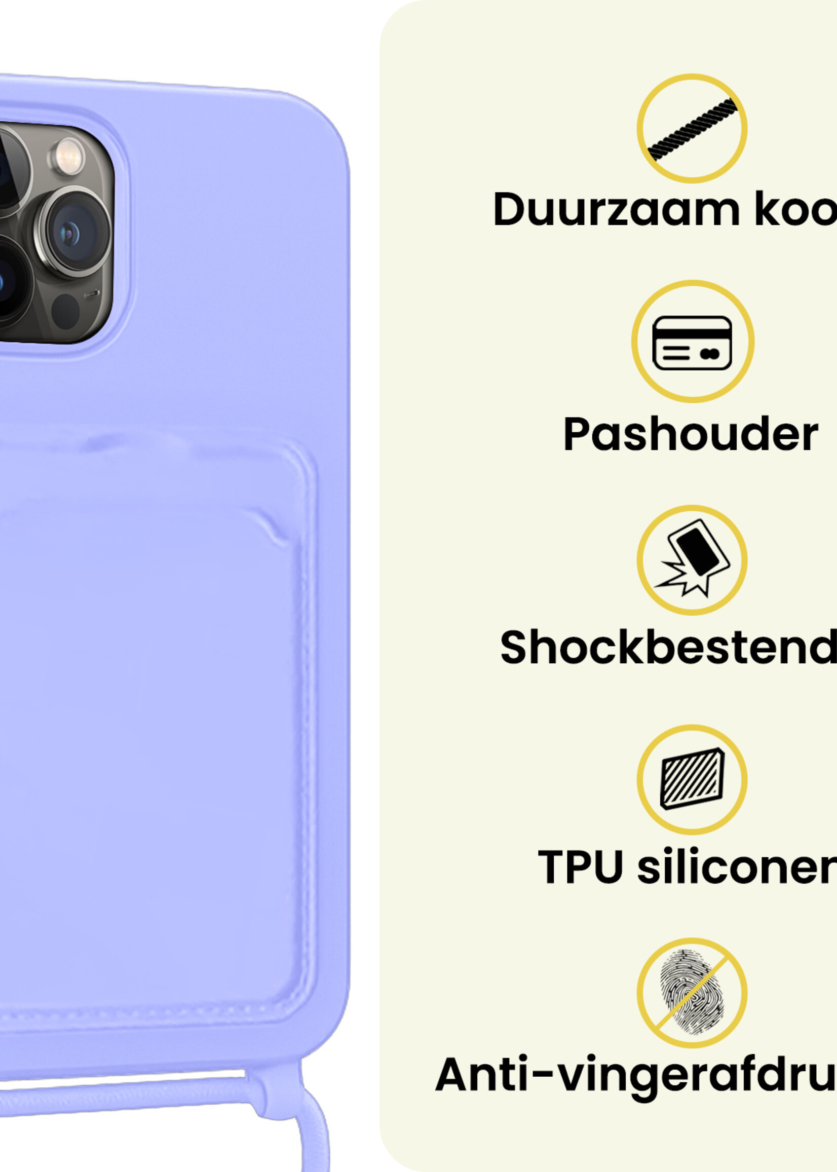 LUQ LUQ iPhone 16 Pro Hoesje Pashouder met Koord Met Screenprotector - Lila