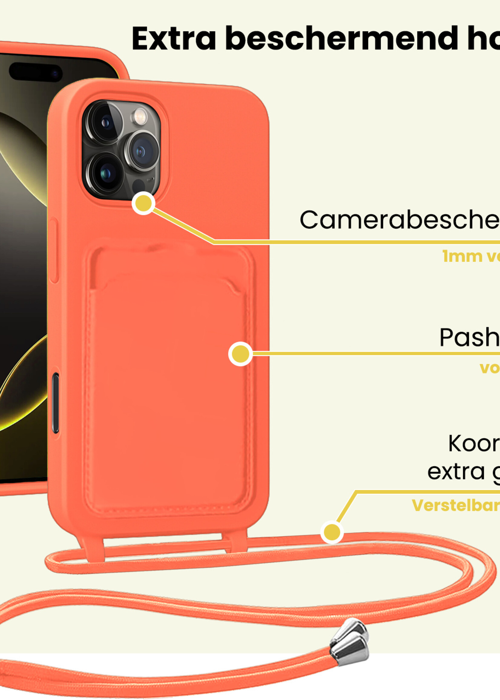 LUQ LUQ iPhone 16 Pro Hoesje Pashouder met Koord - Papaya - 2 PACK