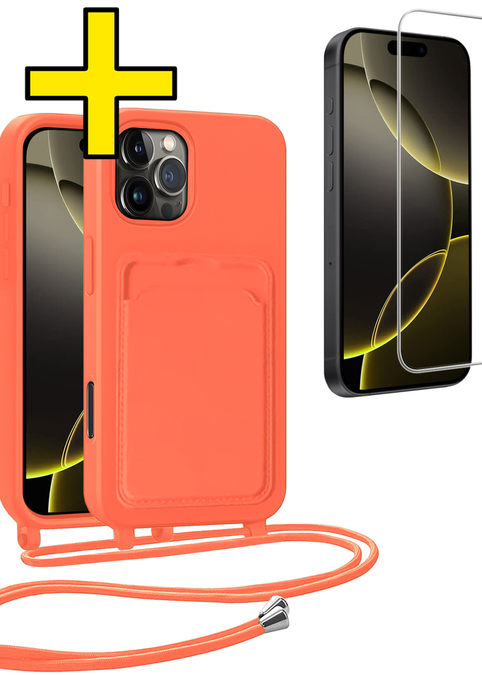LUQ LUQ iPhone 16 Pro Hoesje Pashouder met Koord Met Screenprotector - Papaya