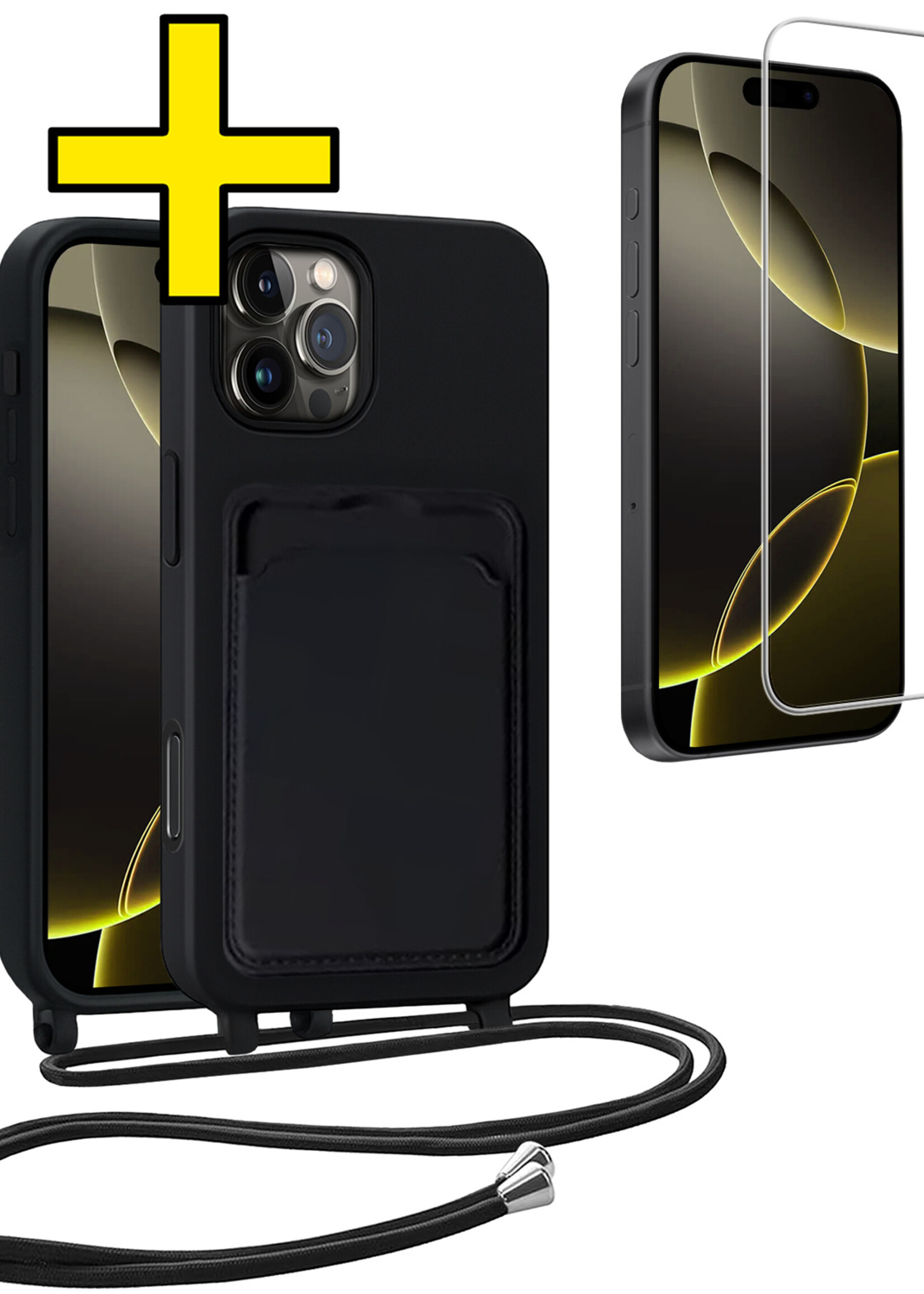 LUQ LUQ iPhone 16 Pro Hoesje Pashouder met Koord Met Screenprotector - Zwart