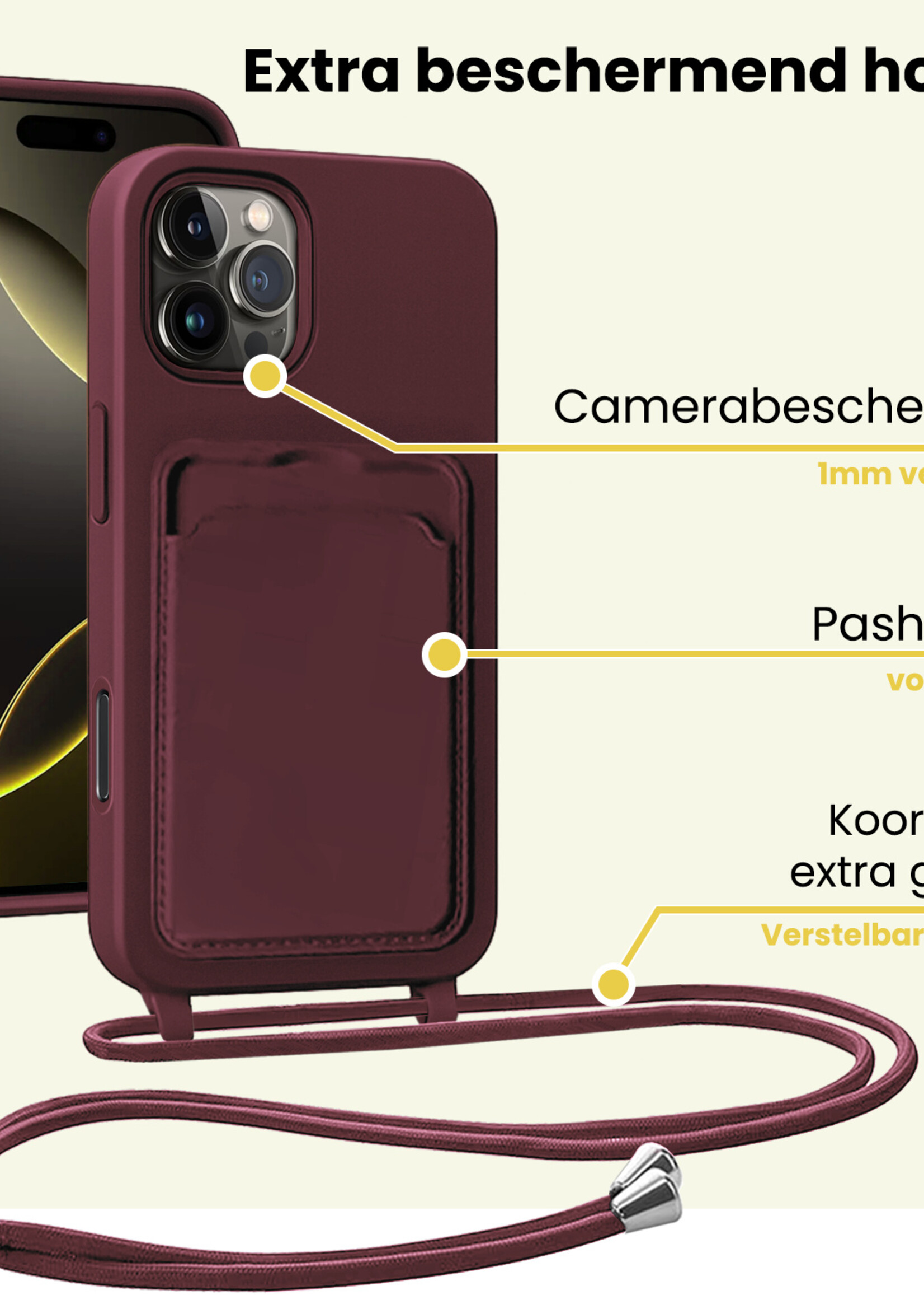 LUQ LUQ iPhone 16 Pro Max Hoesje Pashouder met Koord - Aubergine - 2 PACK