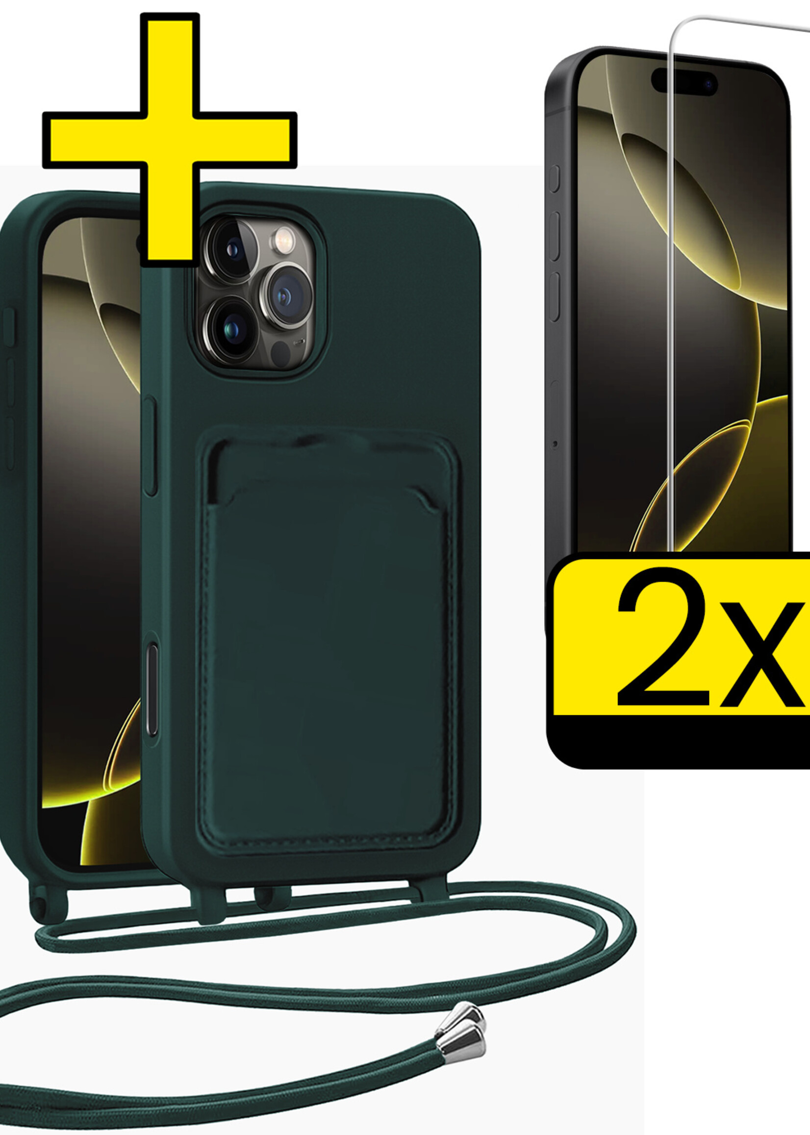 LUQ LUQ iPhone 16 Pro Max Hoesje Pashouder met Koord Met 2x Screenprotector - Donkergroen