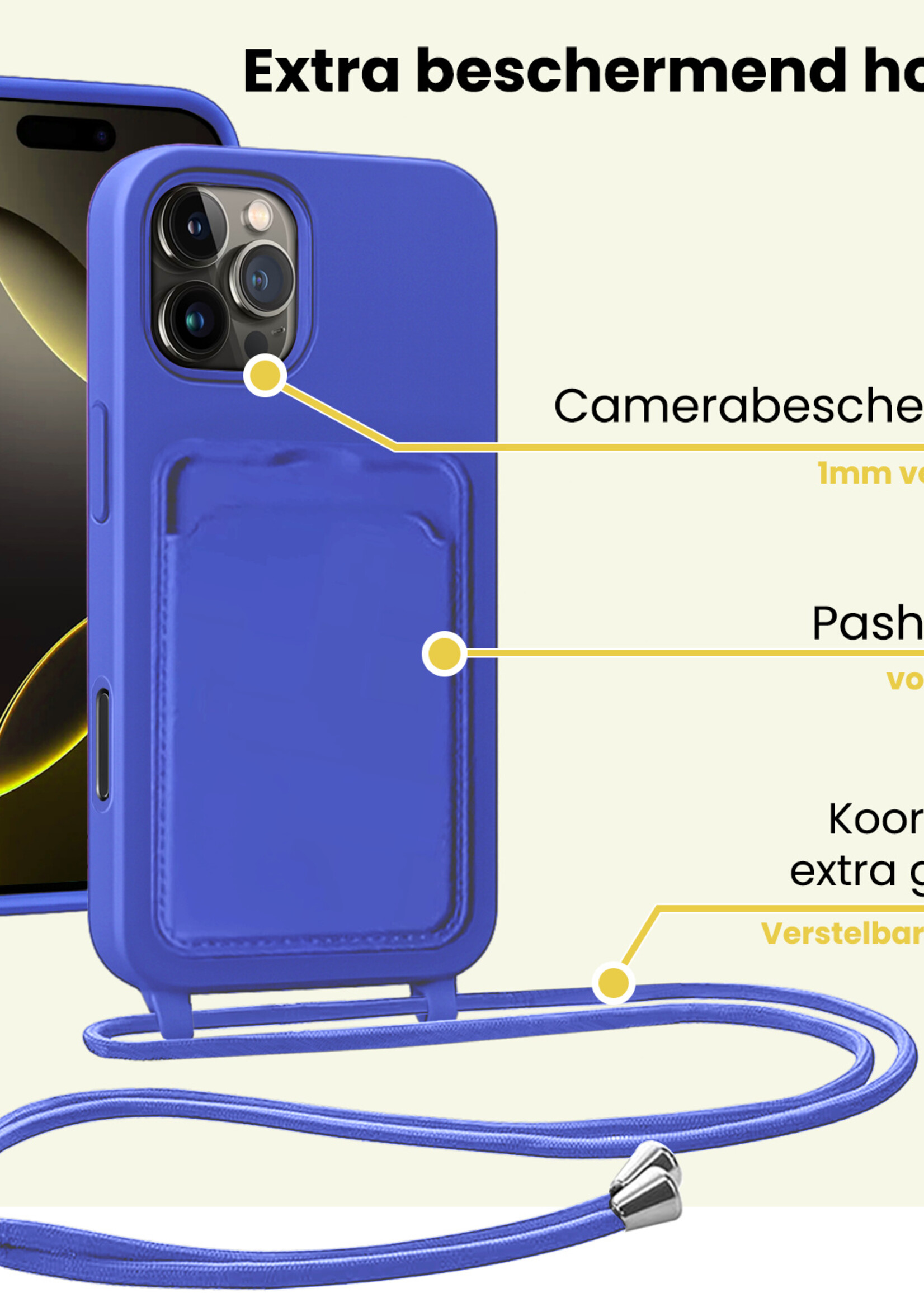 LUQ LUQ iPhone 16 Pro Max Hoesje Pashouder met Koord Met Screenprotector - Fel Blauw