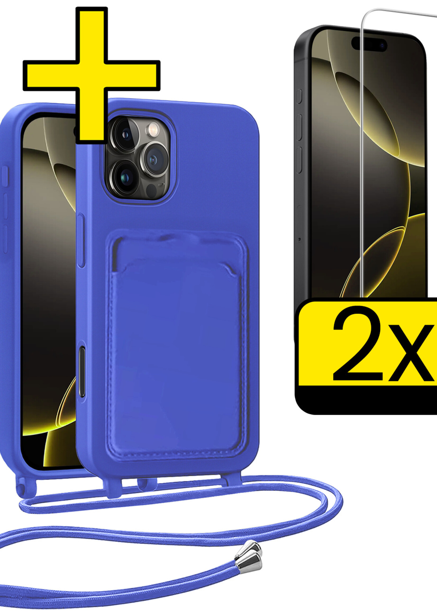 LUQ LUQ iPhone 16 Pro Max Hoesje Pashouder met Koord Met 2x Screenprotector - Fel Blauw