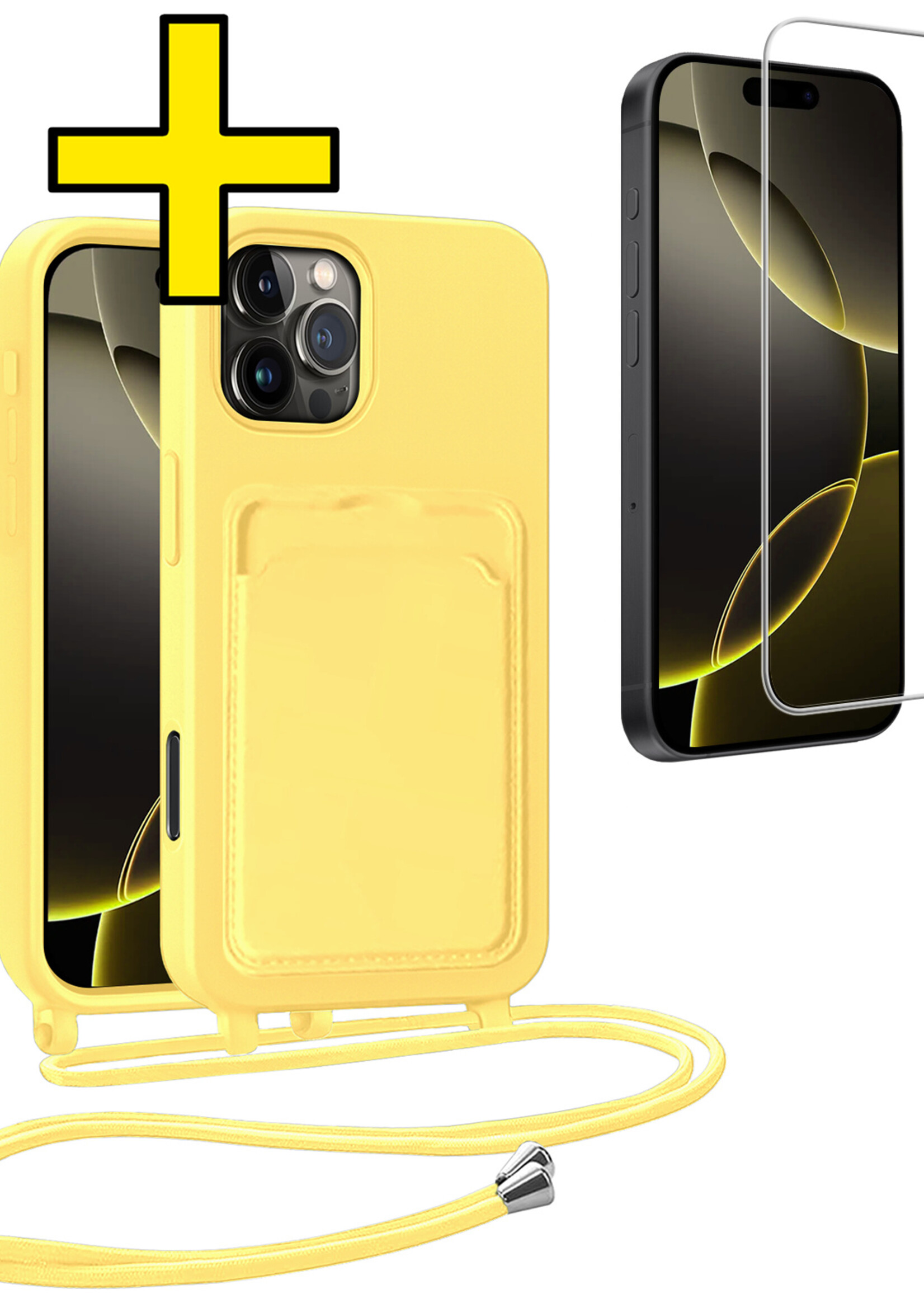 LUQ LUQ iPhone 16 Pro Max Hoesje Pashouder met Koord Met Screenprotector - Geel