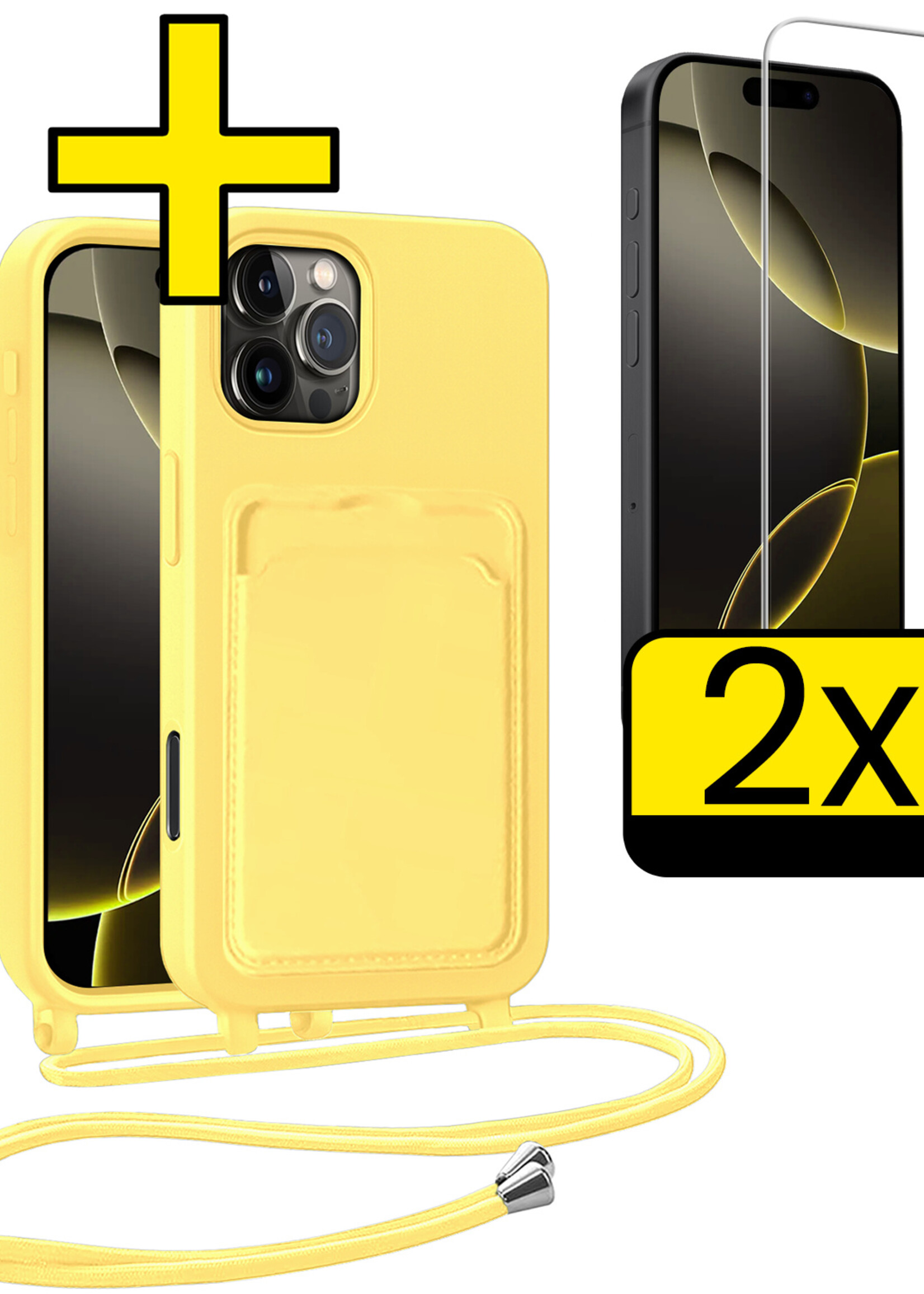 LUQ LUQ iPhone 16 Pro Max Hoesje Pashouder met Koord Met 2x Screenprotector - Geel