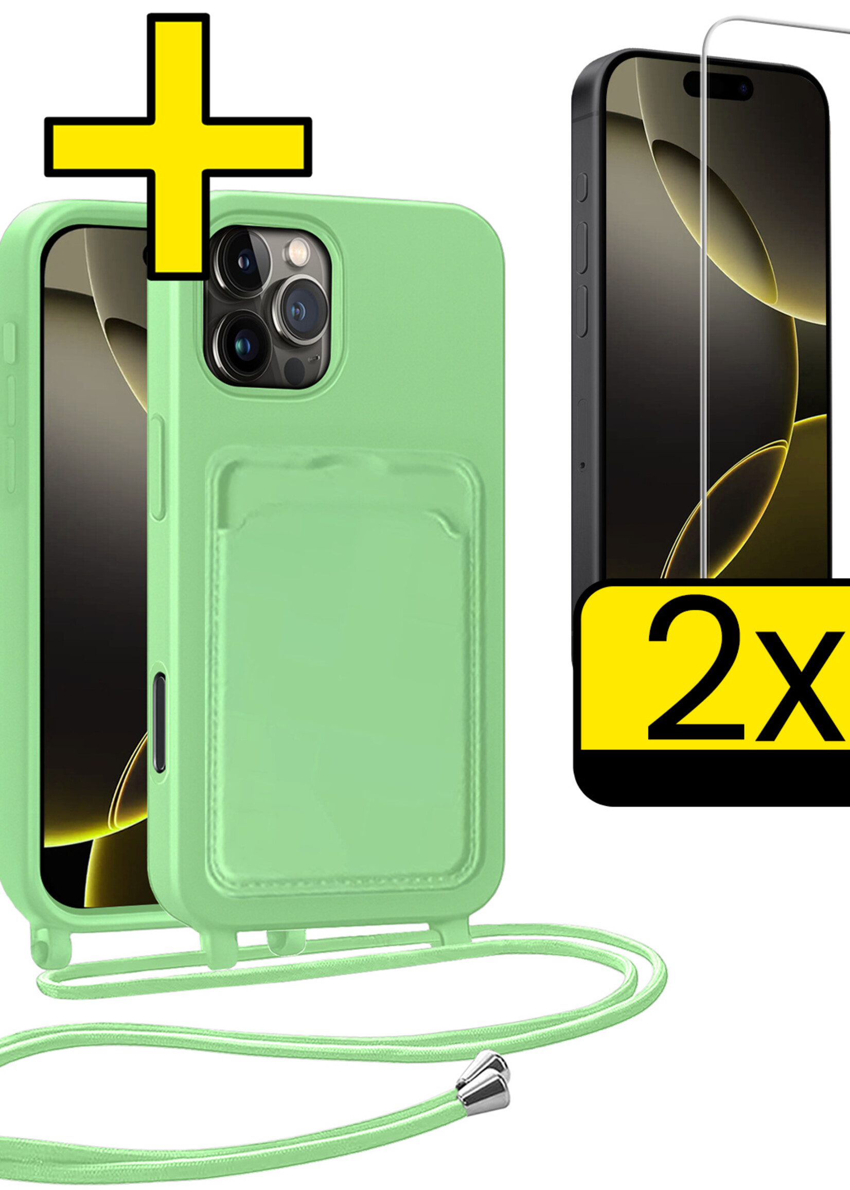 LUQ LUQ iPhone 16 Pro Max Hoesje Pashouder met Koord Met 2x Screenprotector - Groen