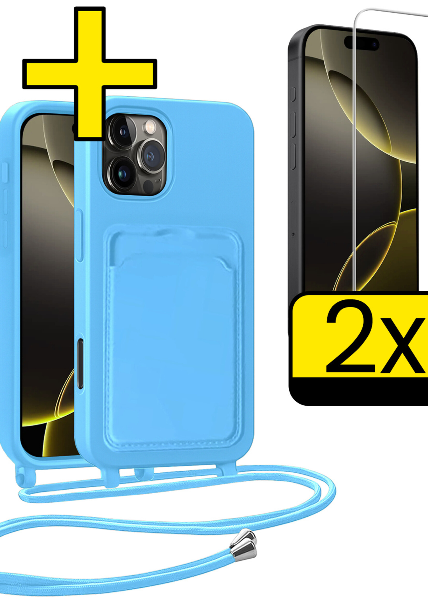 LUQ LUQ iPhone 16 Pro Max Hoesje Pashouder met Koord Met 2x Screenprotector - Lichtblauw