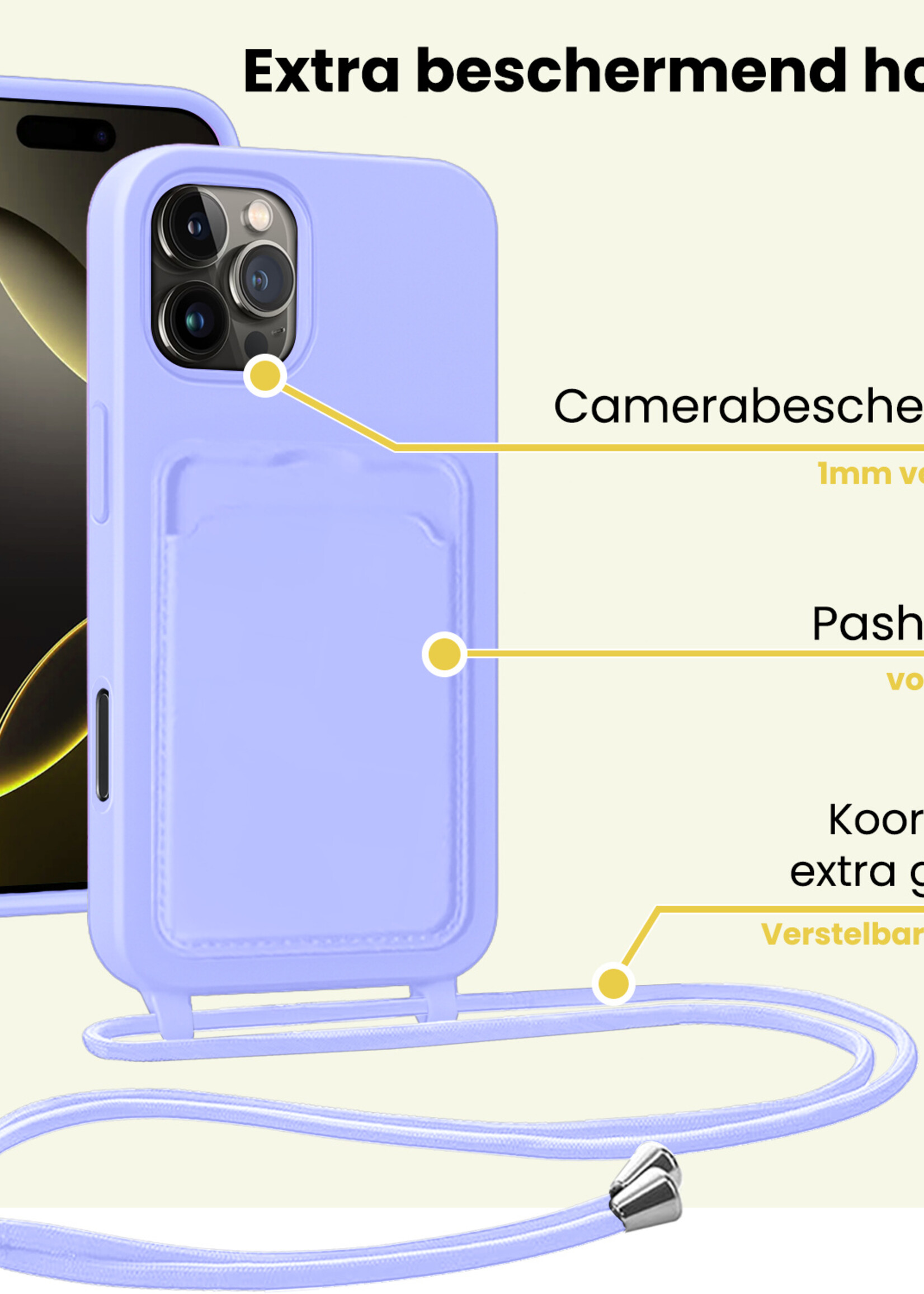 LUQ LUQ iPhone 16 Pro Max Hoesje Pashouder met Koord - Lila