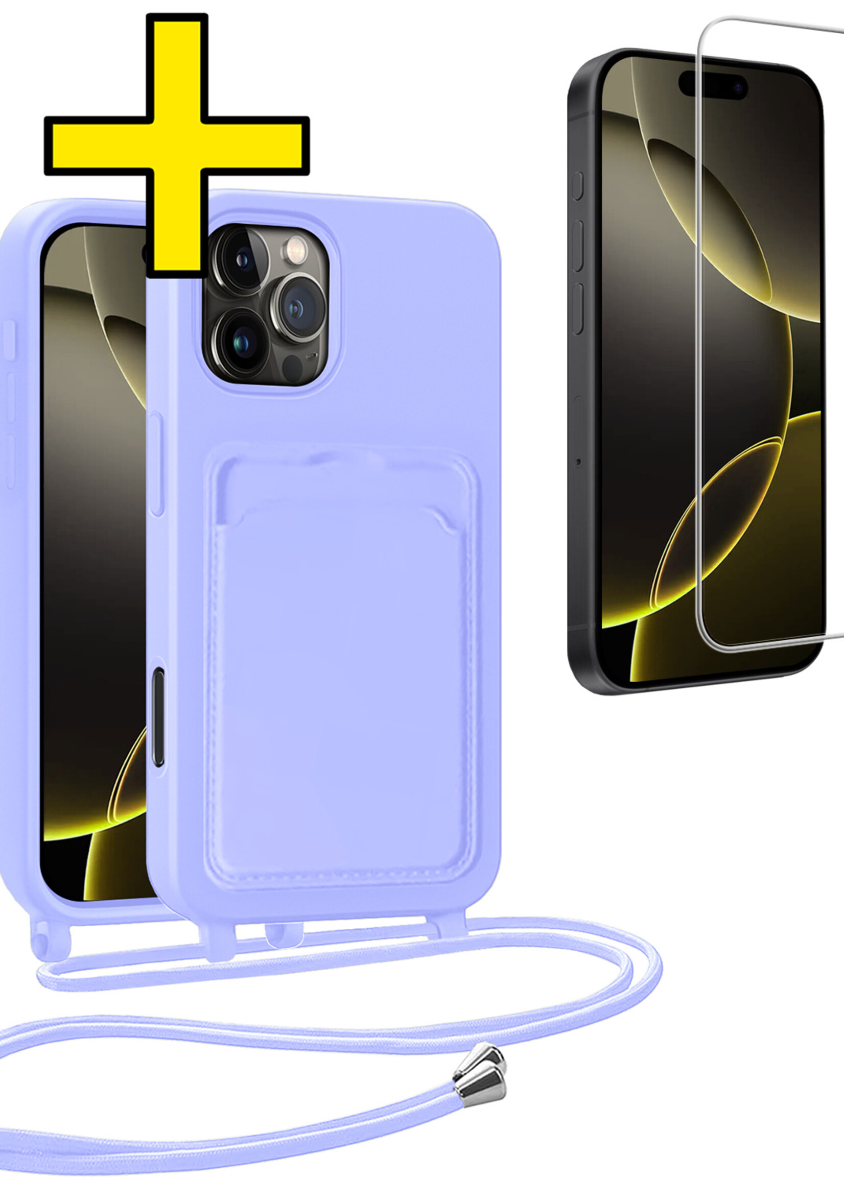 LUQ LUQ iPhone 16 Pro Max Hoesje Pashouder met Koord Met Screenprotector - Lila