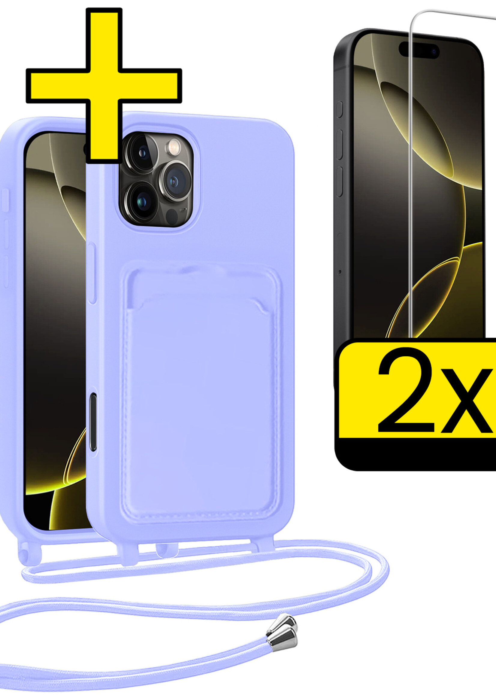 LUQ LUQ iPhone 16 Pro Max Hoesje Pashouder met Koord Met 2x Screenprotector - Lila
