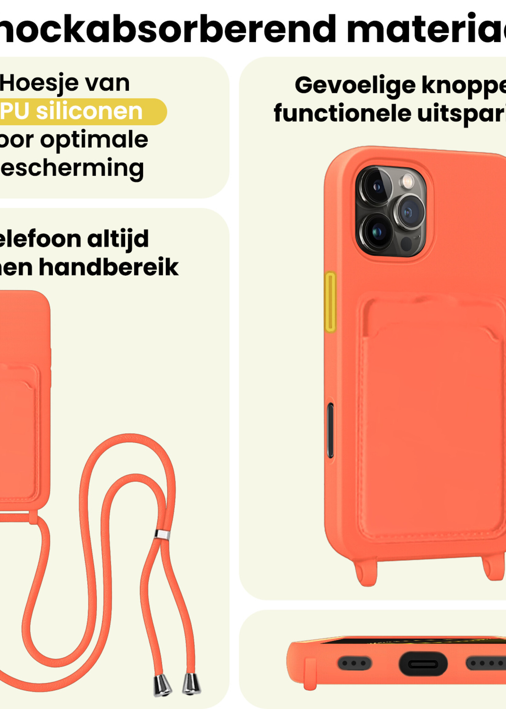 LUQ LUQ iPhone 16 Pro Max Hoesje Pashouder met Koord Met Screenprotector - Papaya
