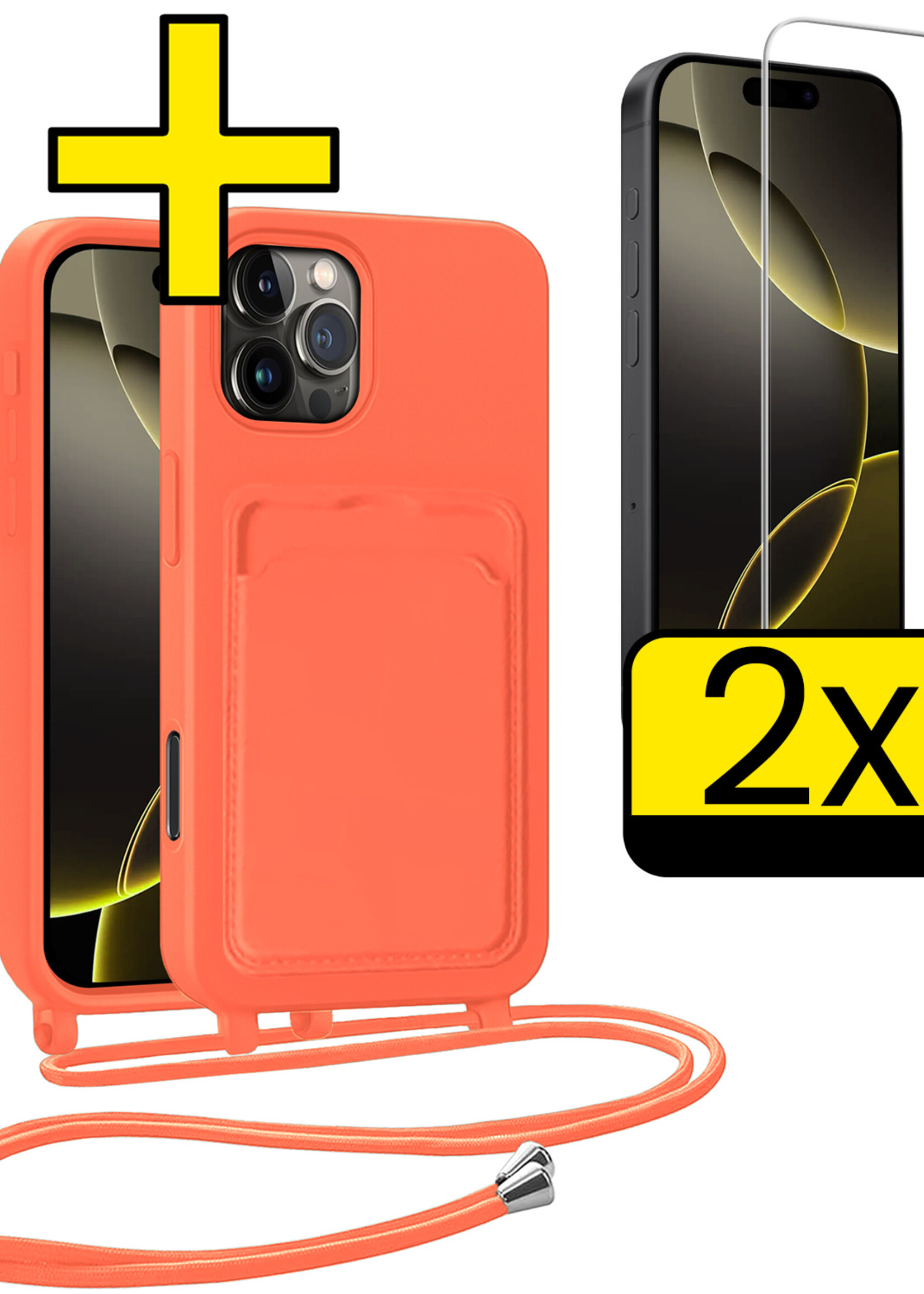 LUQ LUQ iPhone 16 Pro Max Hoesje Pashouder met Koord Met 2x Screenprotector - Papaya