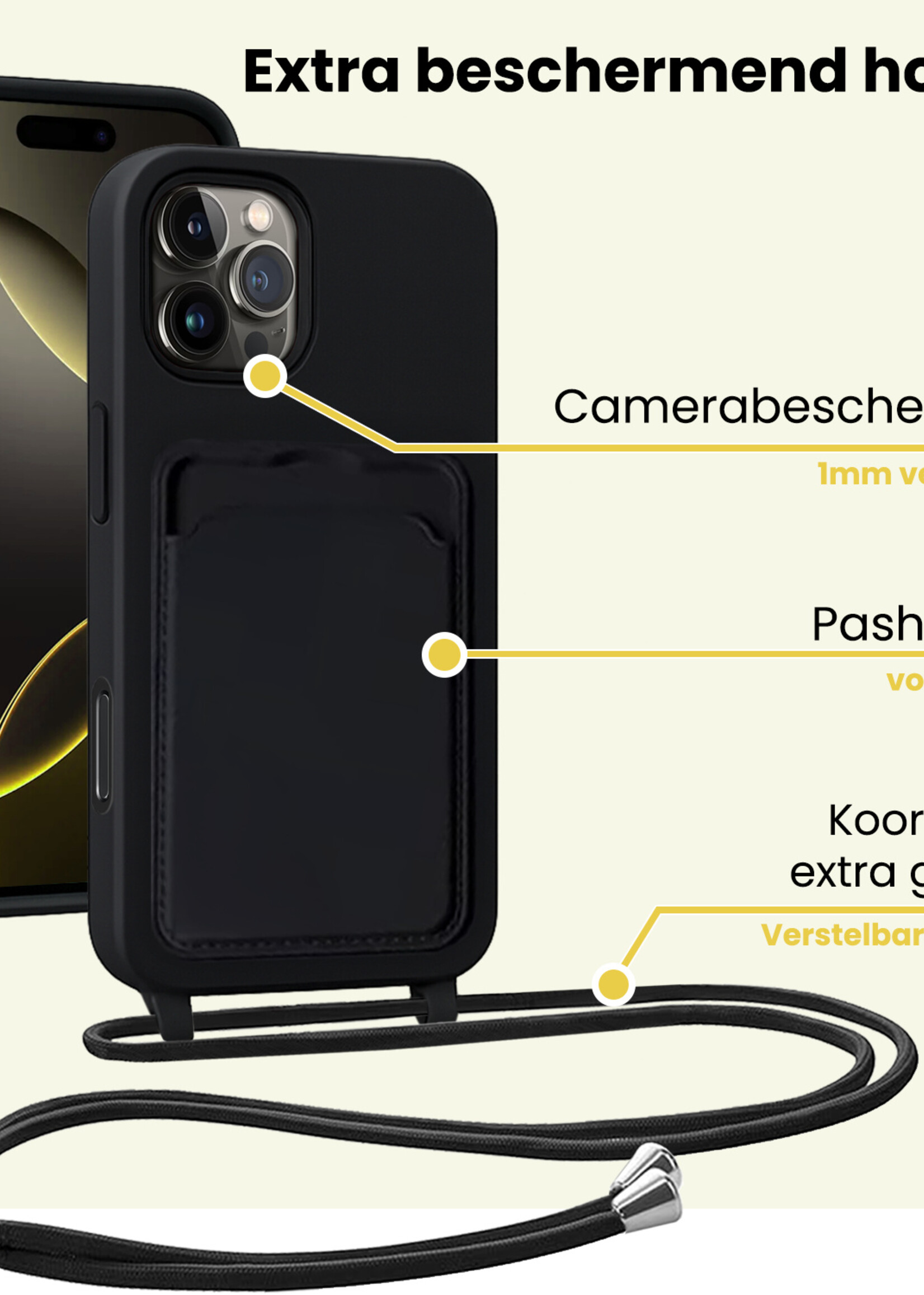 LUQ LUQ iPhone 16 Pro Max Hoesje Pashouder met Koord Met Screenprotector - Zwart