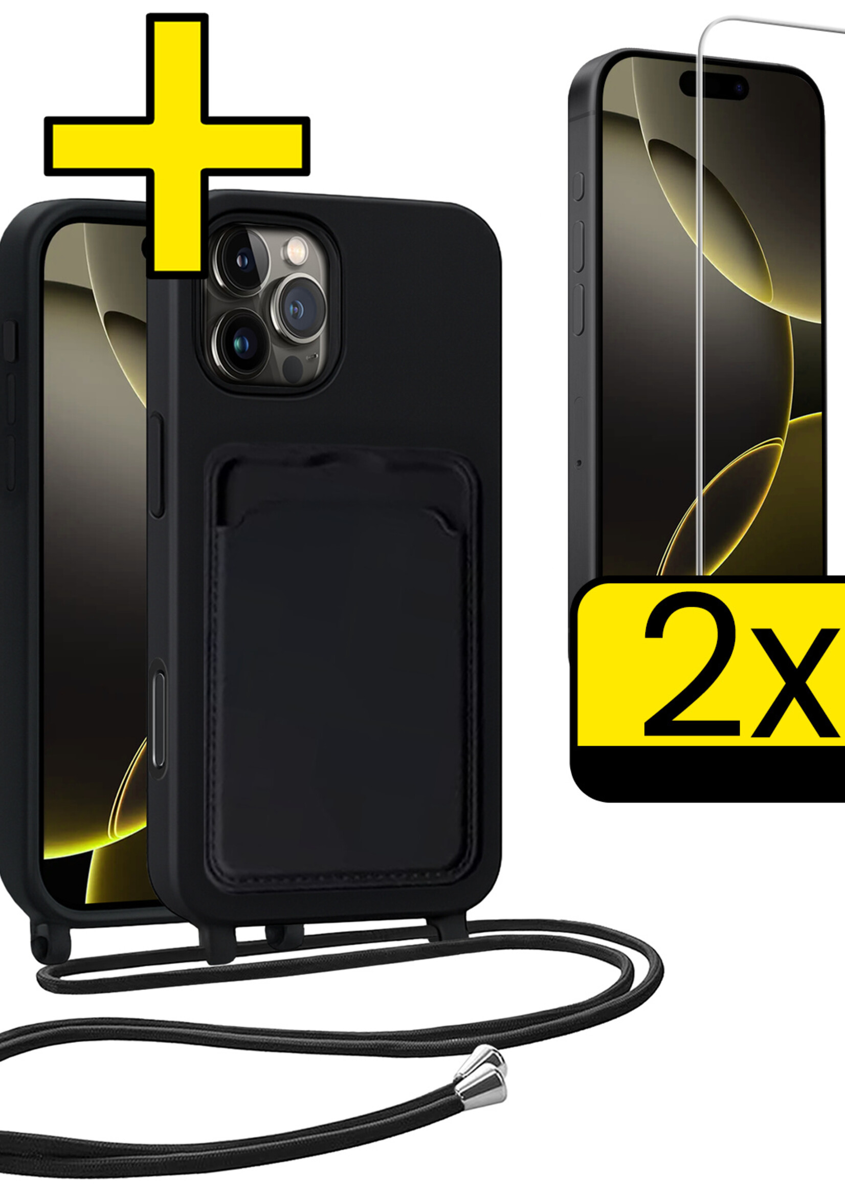 LUQ LUQ iPhone 16 Pro Max Hoesje Pashouder met Koord Met 2x Screenprotector - Zwart