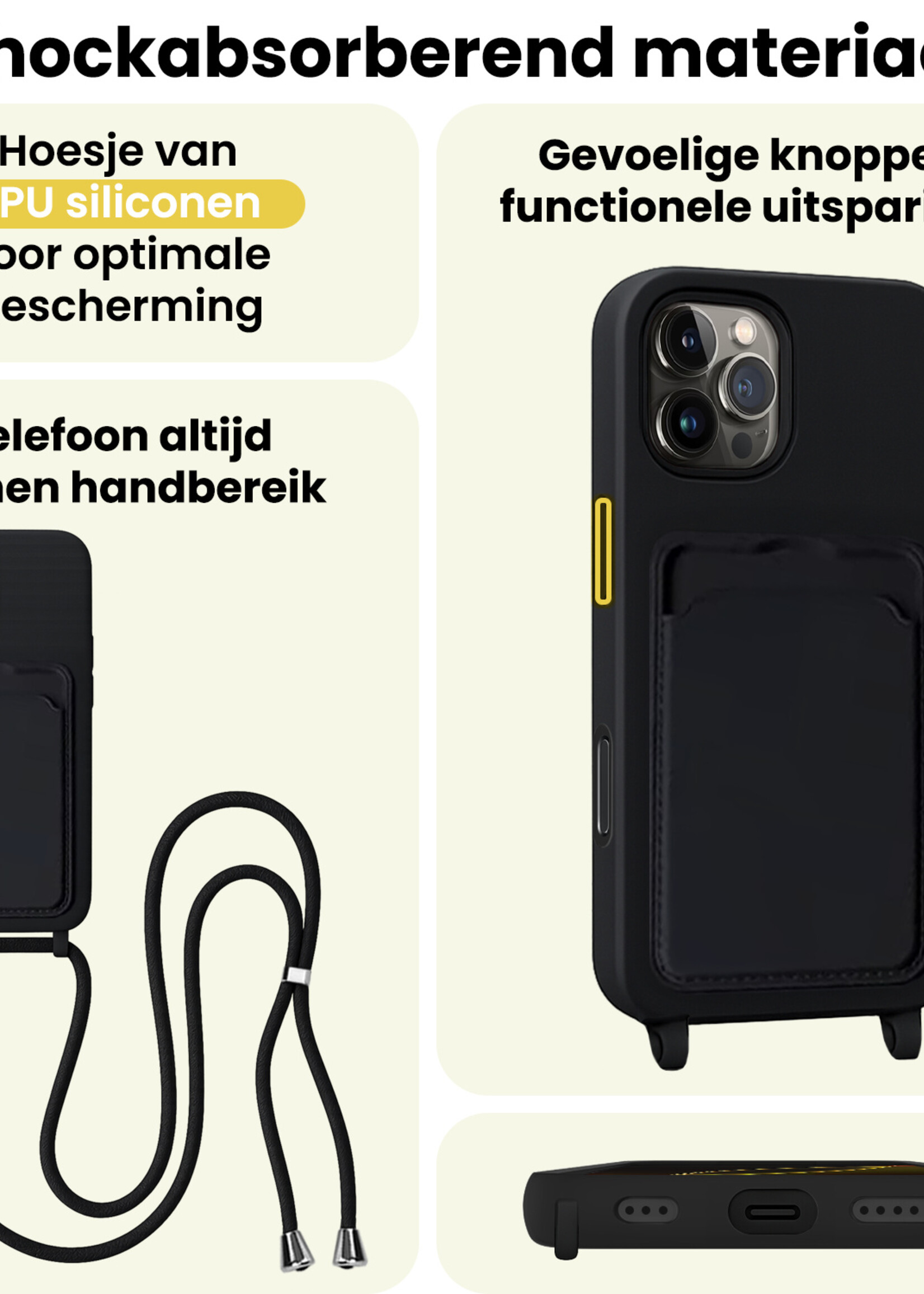 LUQ LUQ iPhone 16 Pro Max Hoesje Pashouder met Koord Met 2x Screenprotector - Zwart