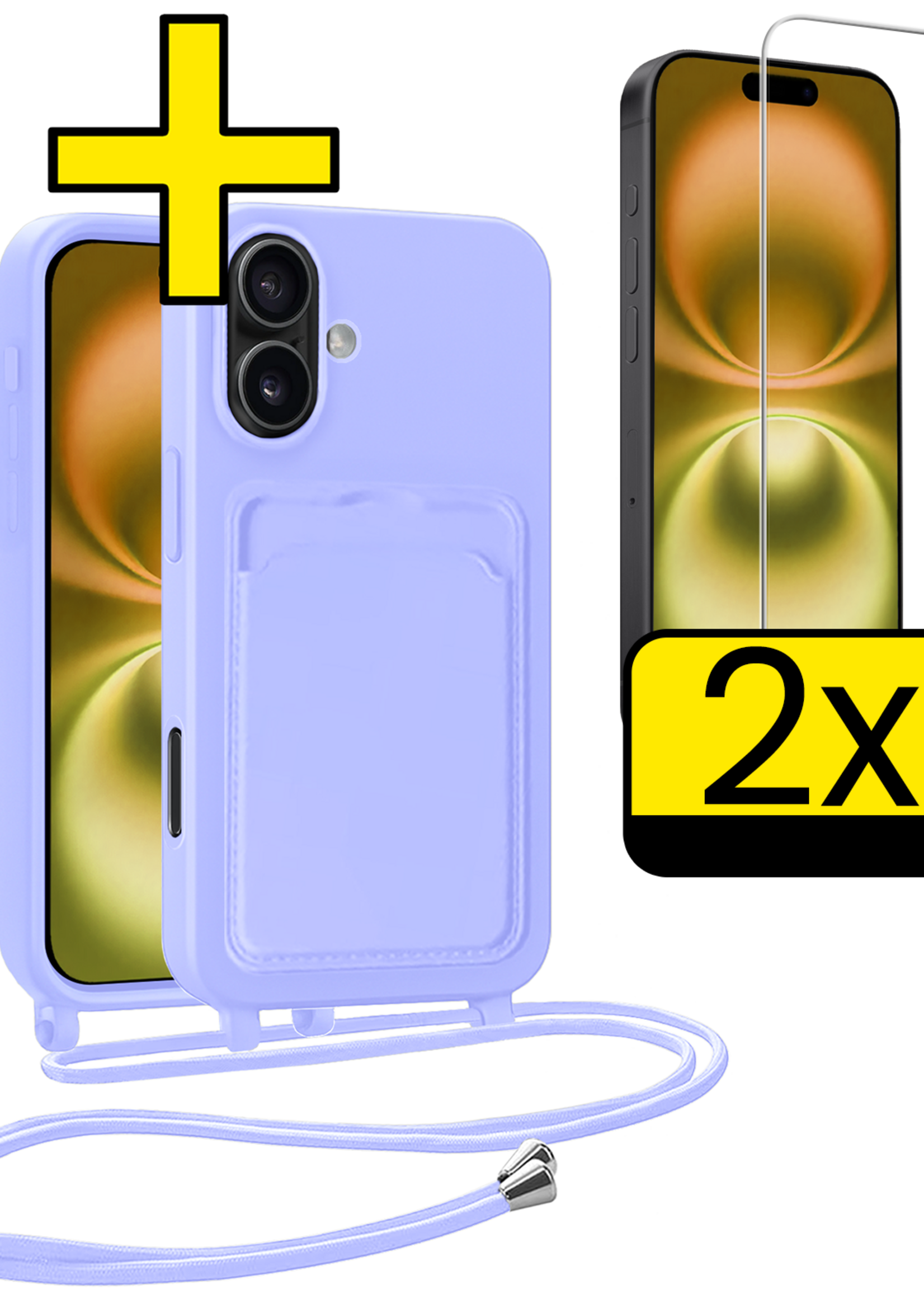 LUQ LUQ iPhone 16 Hoesje Pashouder met Koord Met 2x Screenprotector - Lila
