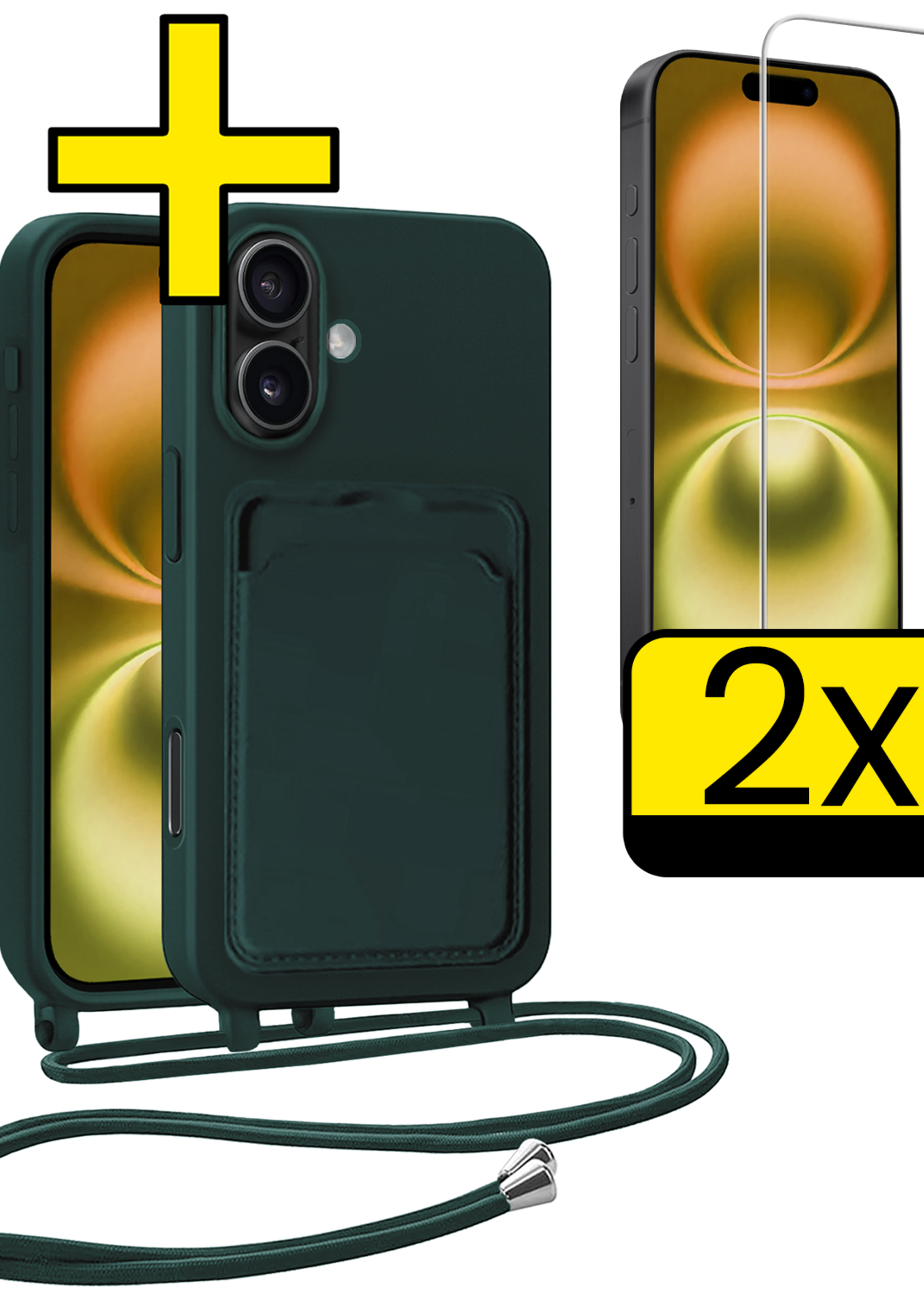 LUQ LUQ iPhone 16 Hoesje Pashouder met Koord Met 2x Screenprotector - Donkergroen