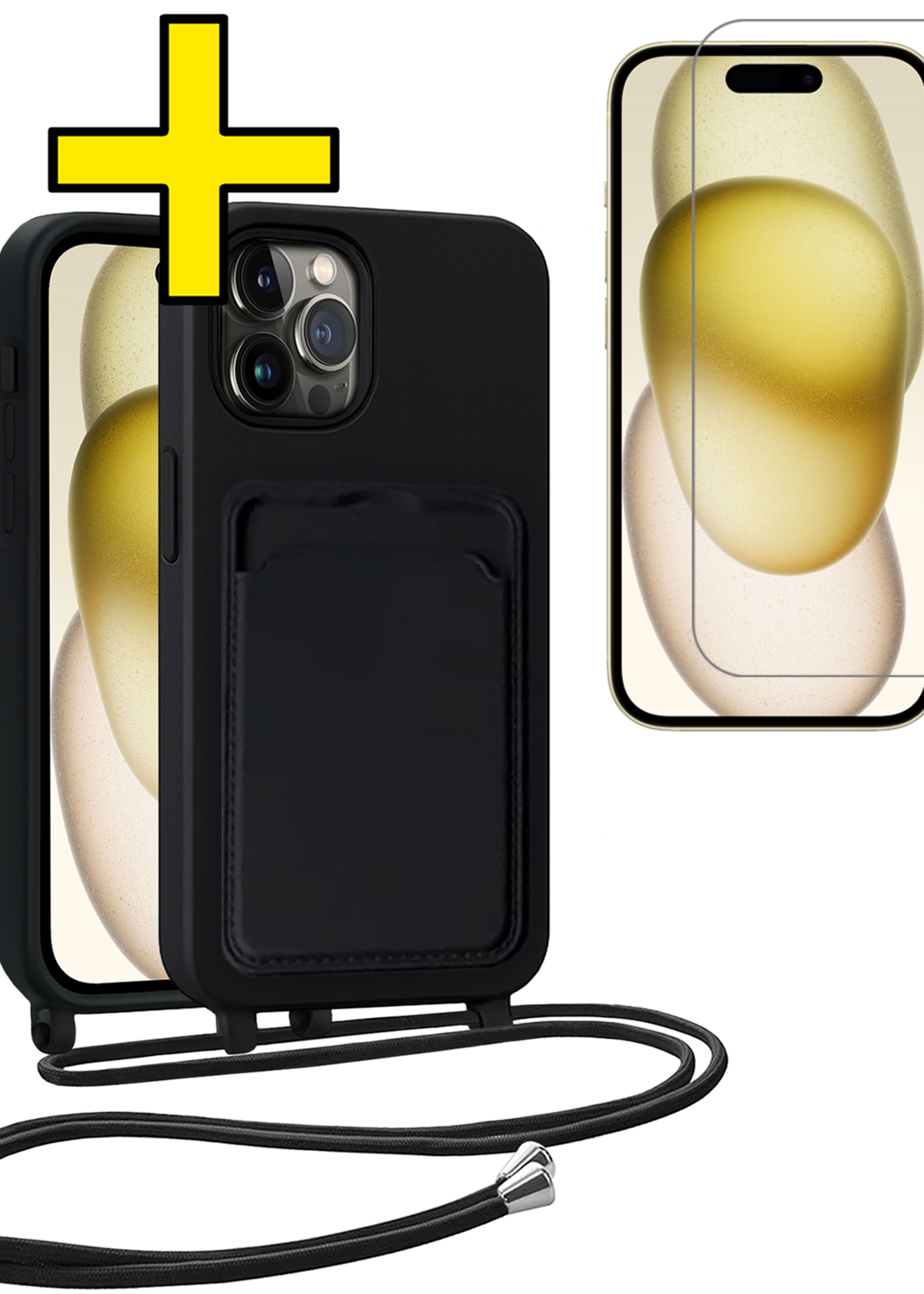 LUQ LUQ iPhone 15 Plus Hoesje Pashouder met Koord Met Screenprotector - Zwart