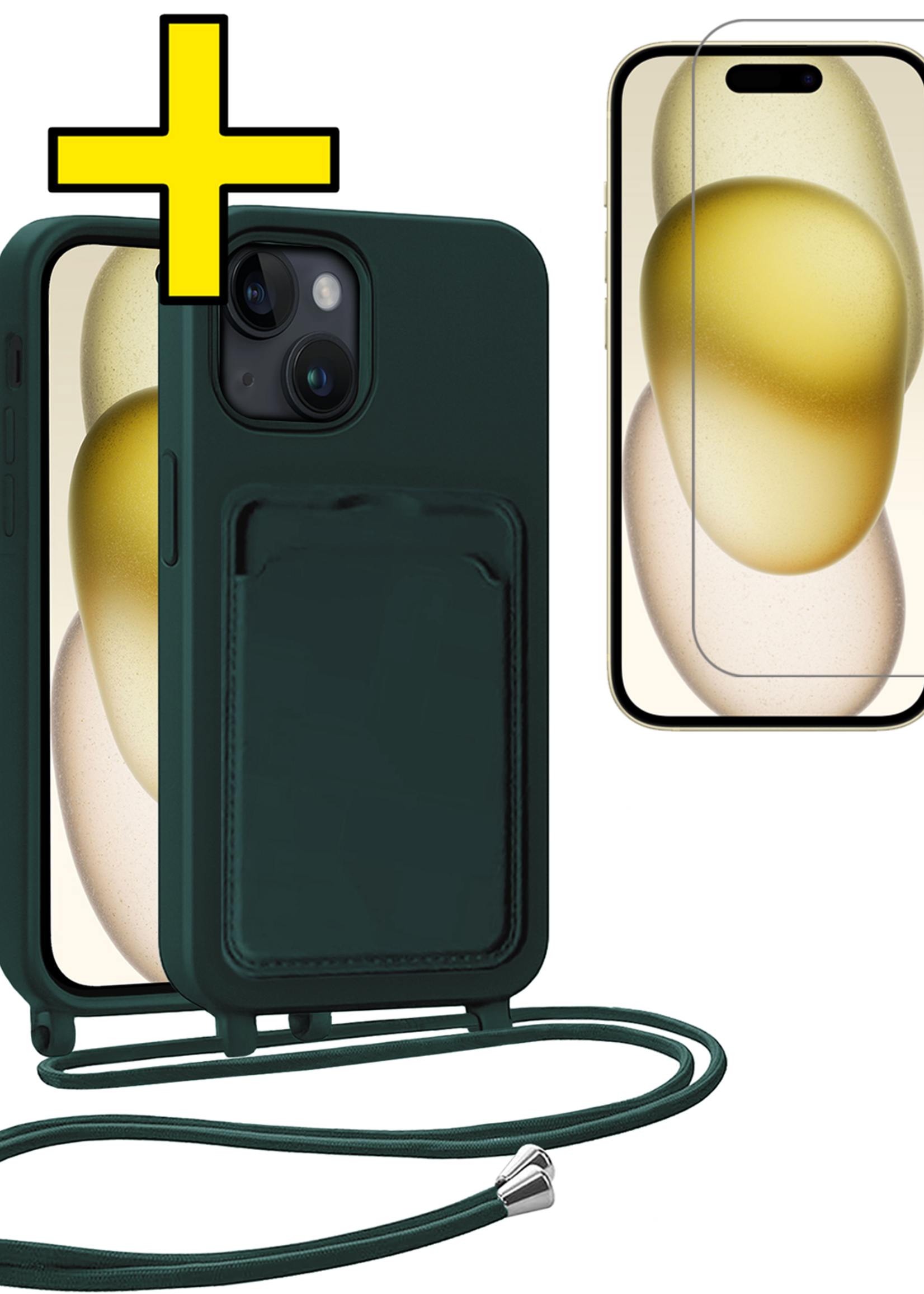 LUQ LUQ iPhone 15 Plus Hoesje Pashouder met Koord Met Screenprotector - Donkergroen