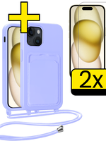LUQ LUQ iPhone 14 Pro Max Hoesje Pashouder met Koord Met 2x Screenprotector - Lila