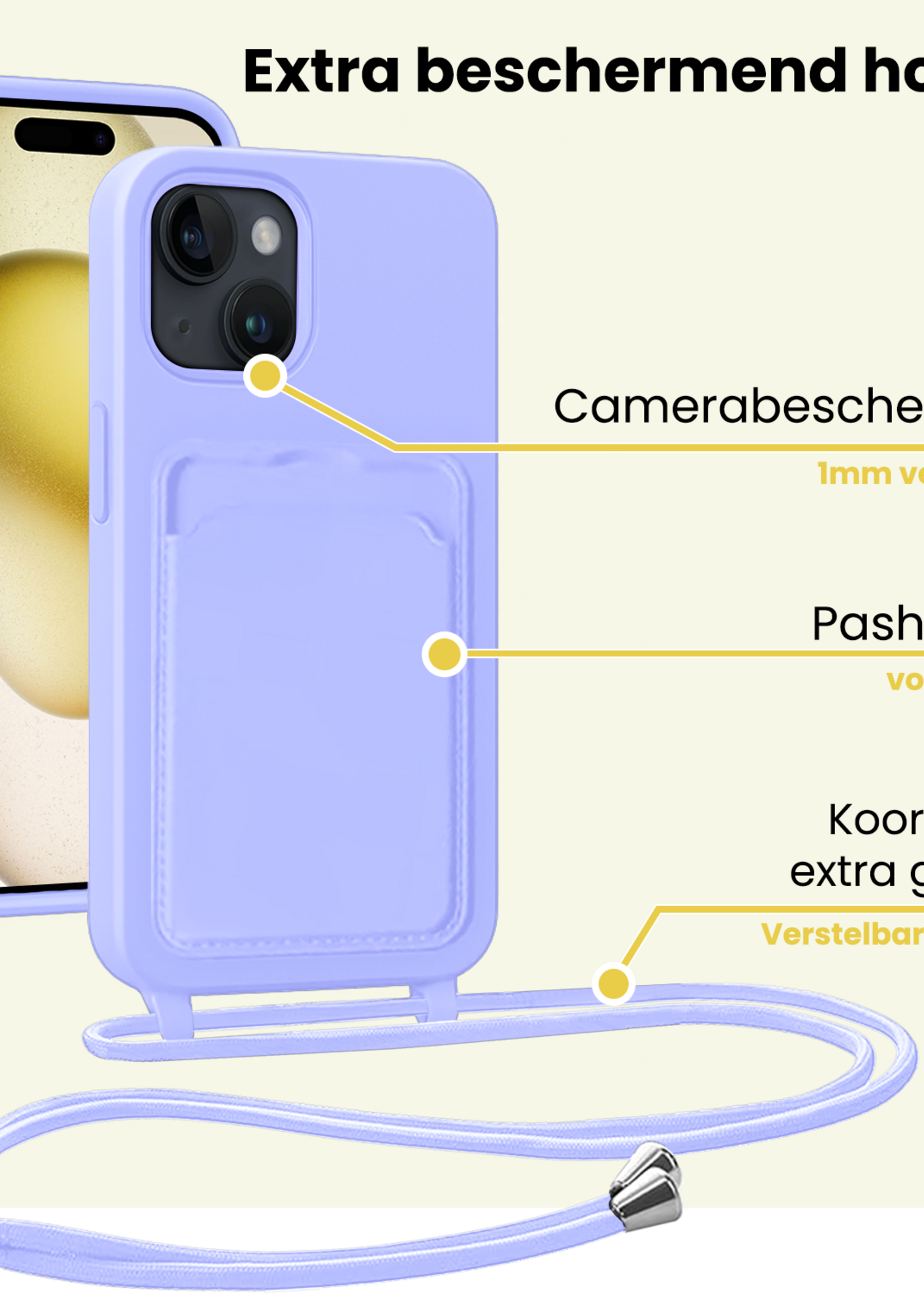 LUQ LUQ iPhone 14 Pro Max Hoesje Pashouder met Koord Met 2x Screenprotector - Lila