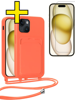 LUQ LUQ iPhone 14 Pro Max Hoesje Pashouder met Koord Met Screenprotector - Papaya