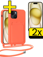 LUQ LUQ iPhone 14 Pro Max Hoesje Pashouder met Koord Met 2x Screenprotector - Papaya